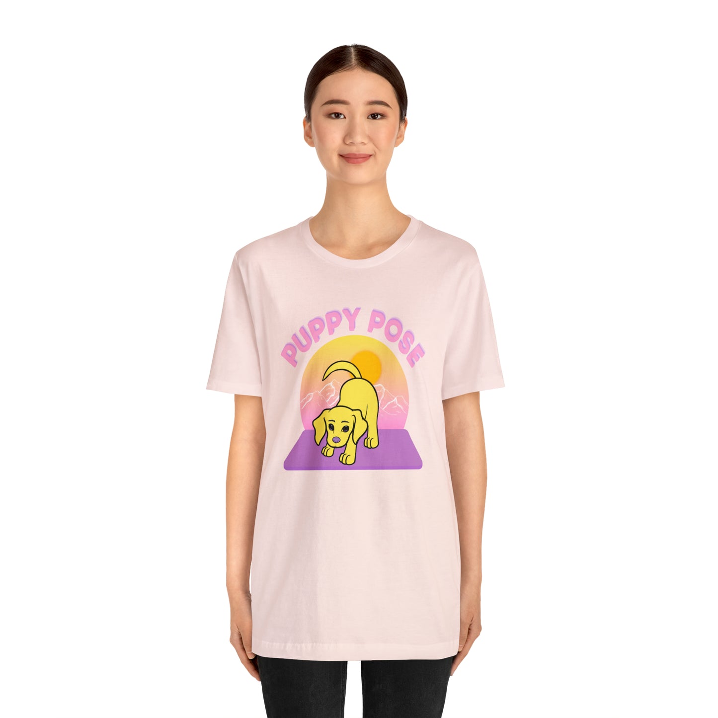 Puppy Pose with Yogi the Rescue Puppy Yoga Mascot Mountain Seen Unisex Classic Tee