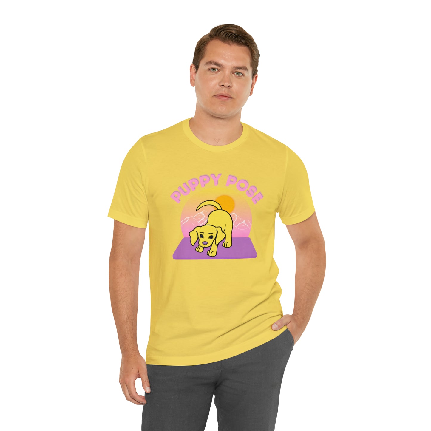 Puppy Pose with Yogi the Rescue Puppy Yoga Mascot Mountain Seen Unisex Classic Tee
