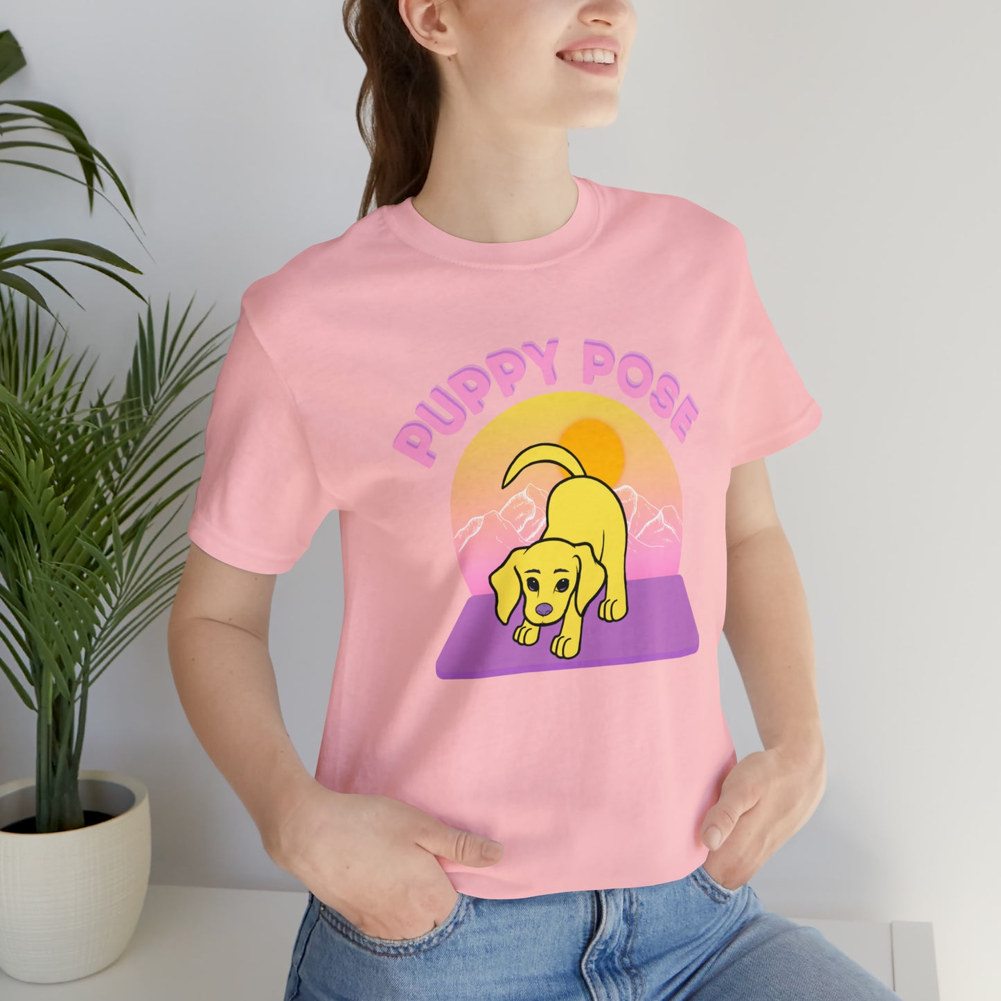 Puppy Pose with Yogi the Rescue Puppy Yoga Mascot Mountain Seen Unisex Classic Tee
