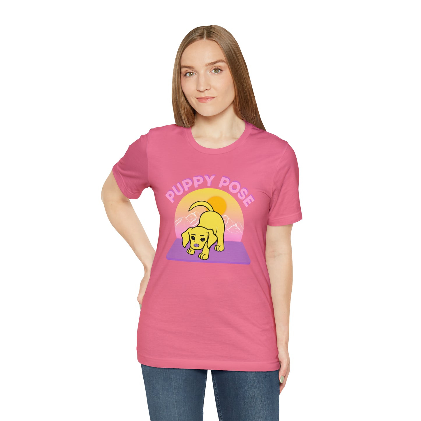 Puppy Pose with Yogi the Rescue Puppy Yoga Mascot Mountain Seen Unisex Classic Tee