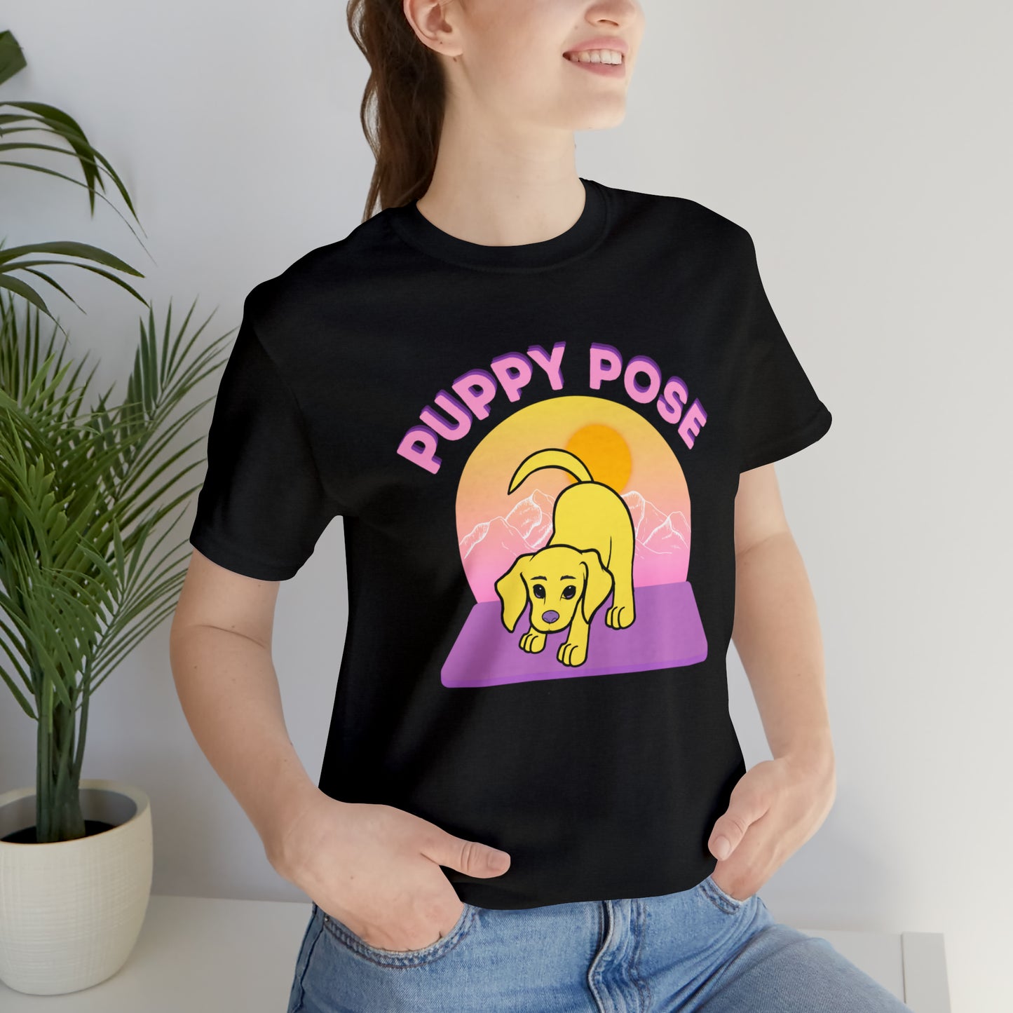 Puppy Pose with Yogi the Rescue Puppy Yoga Mascot Mountain Seen Unisex Classic Tee