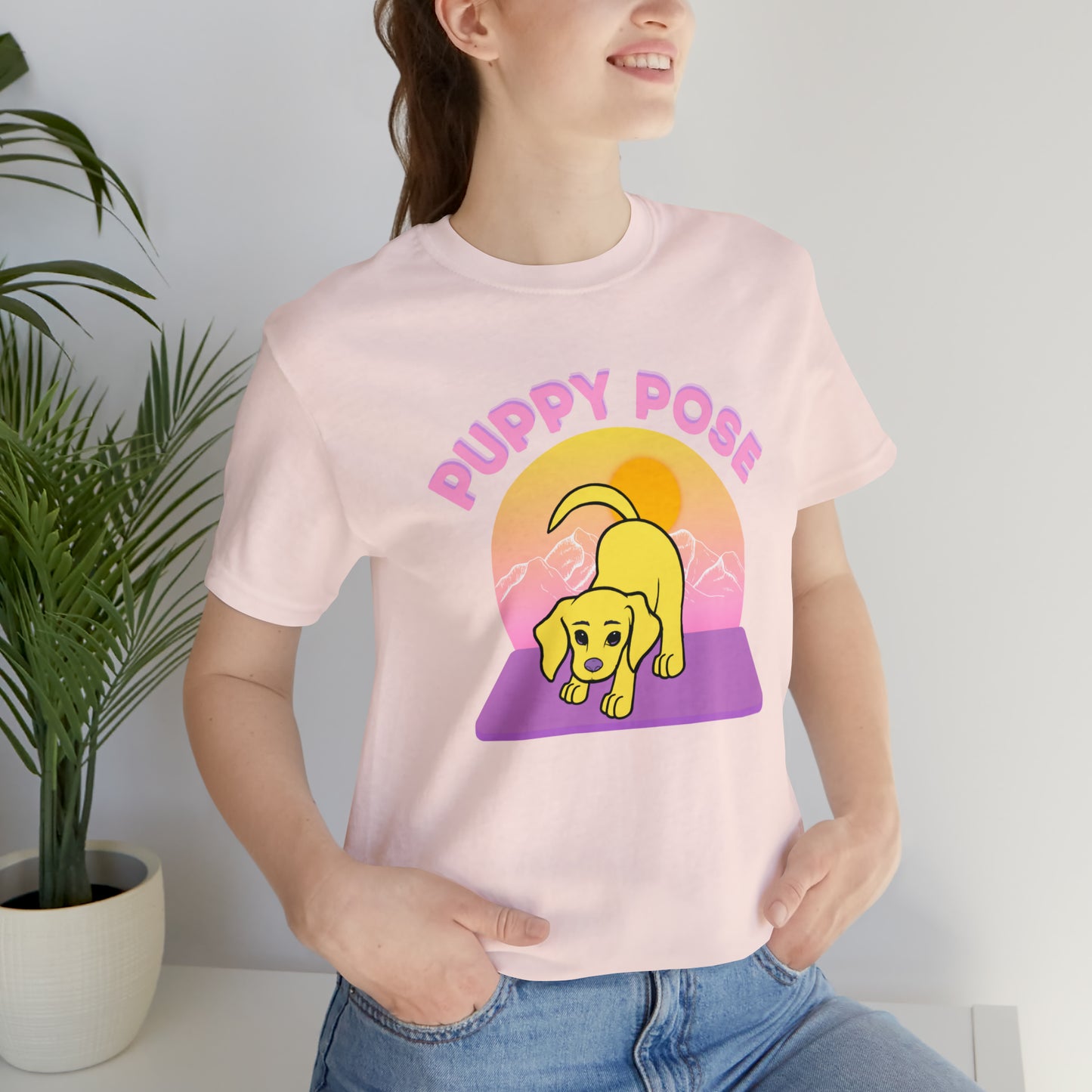 Puppy Pose with Yogi the Rescue Puppy Yoga Mascot Mountain Seen Unisex Classic Tee