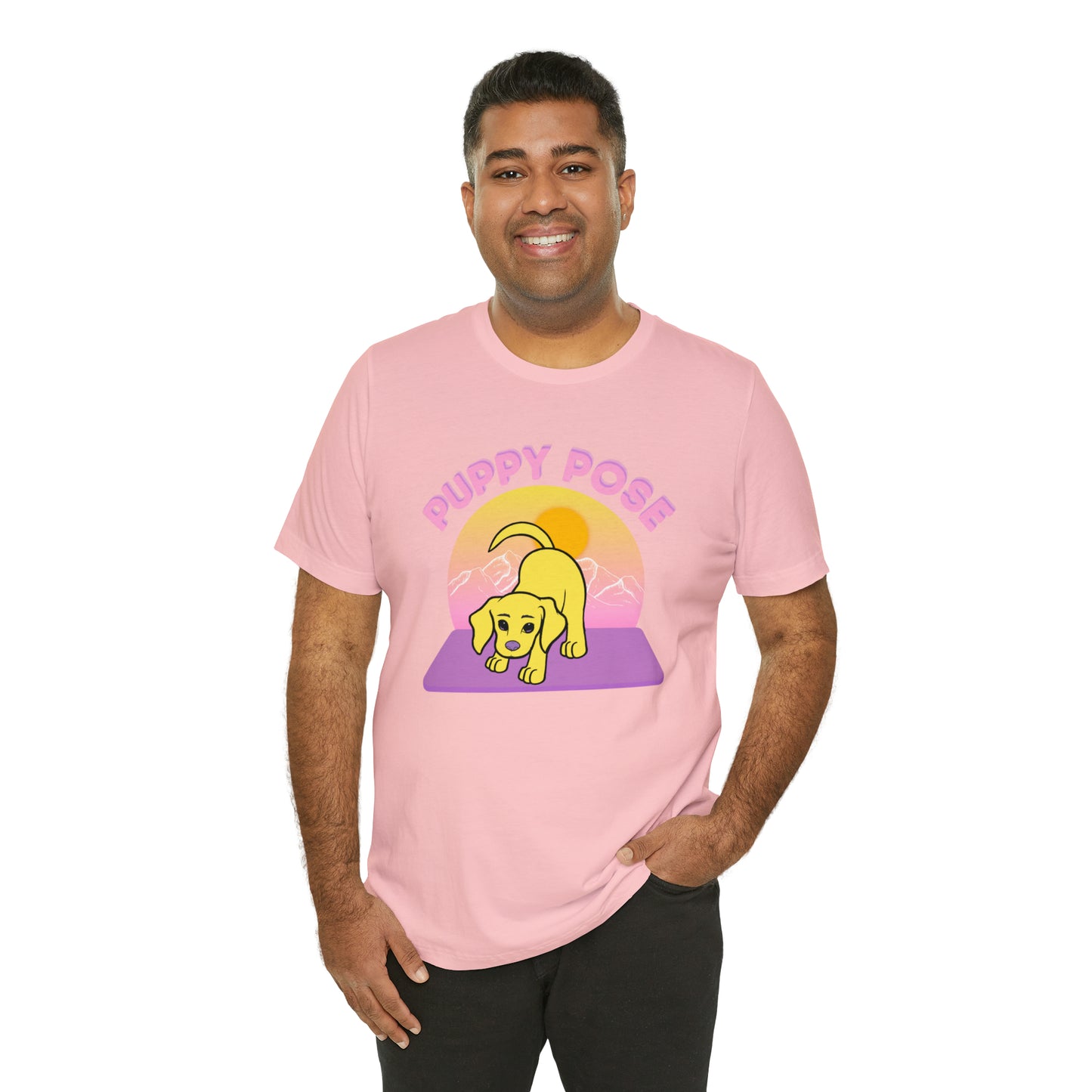 Puppy Pose with Yogi the Rescue Puppy Yoga Mascot Mountain Seen Unisex Classic Tee