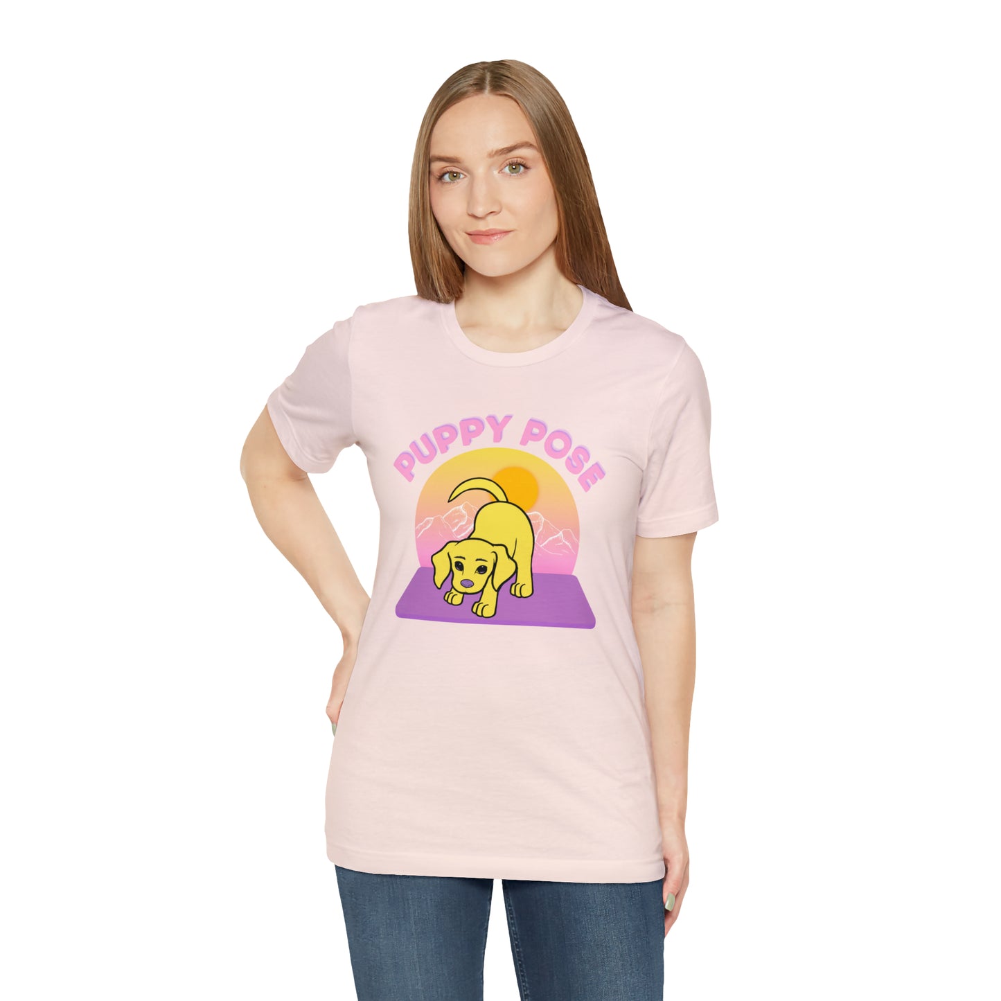 Puppy Pose with Yogi the Rescue Puppy Yoga Mascot Mountain Seen Unisex Classic Tee