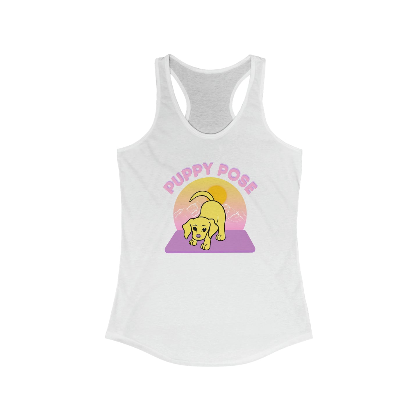 Puppy Pose with Yogi the Rescue Puppy Yoga Mascot Mountain Seen Women’s Tank Top