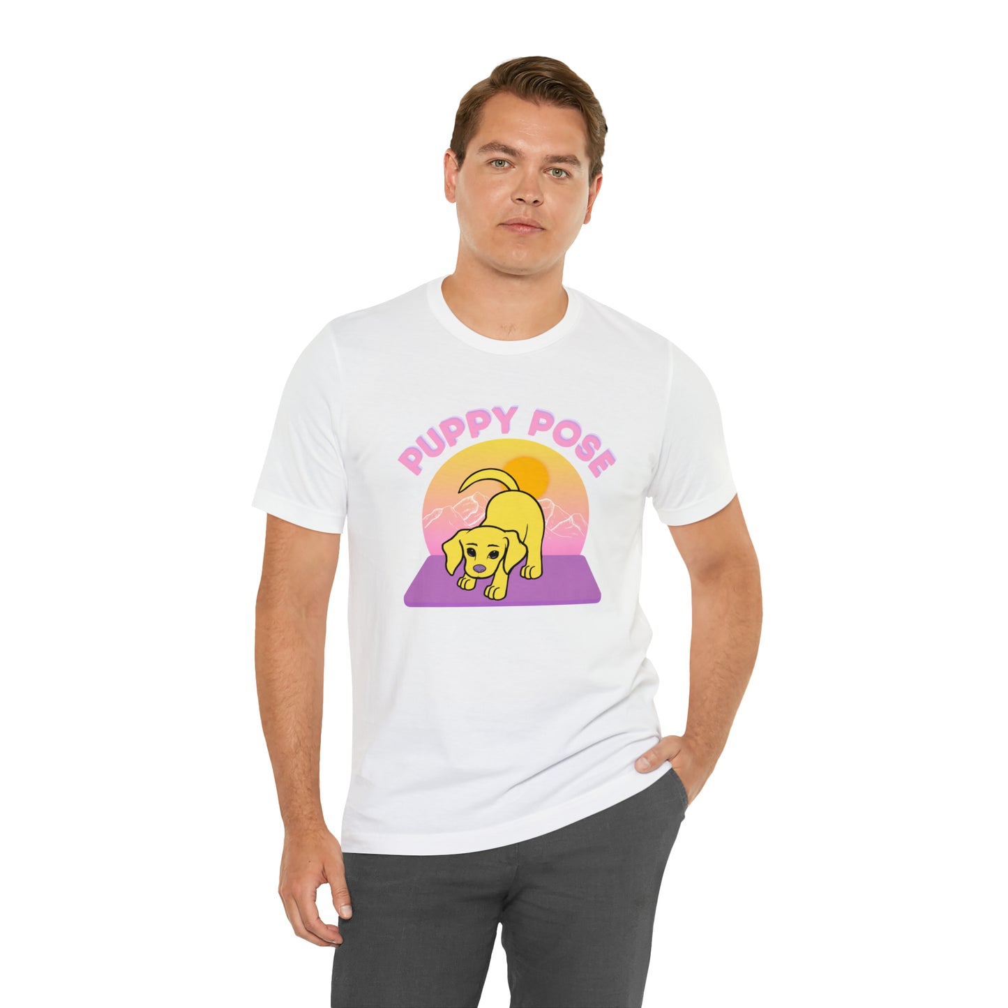 Puppy Pose with Yogi the Rescue Puppy Yoga Mascot Mountain Seen Unisex Classic Tee