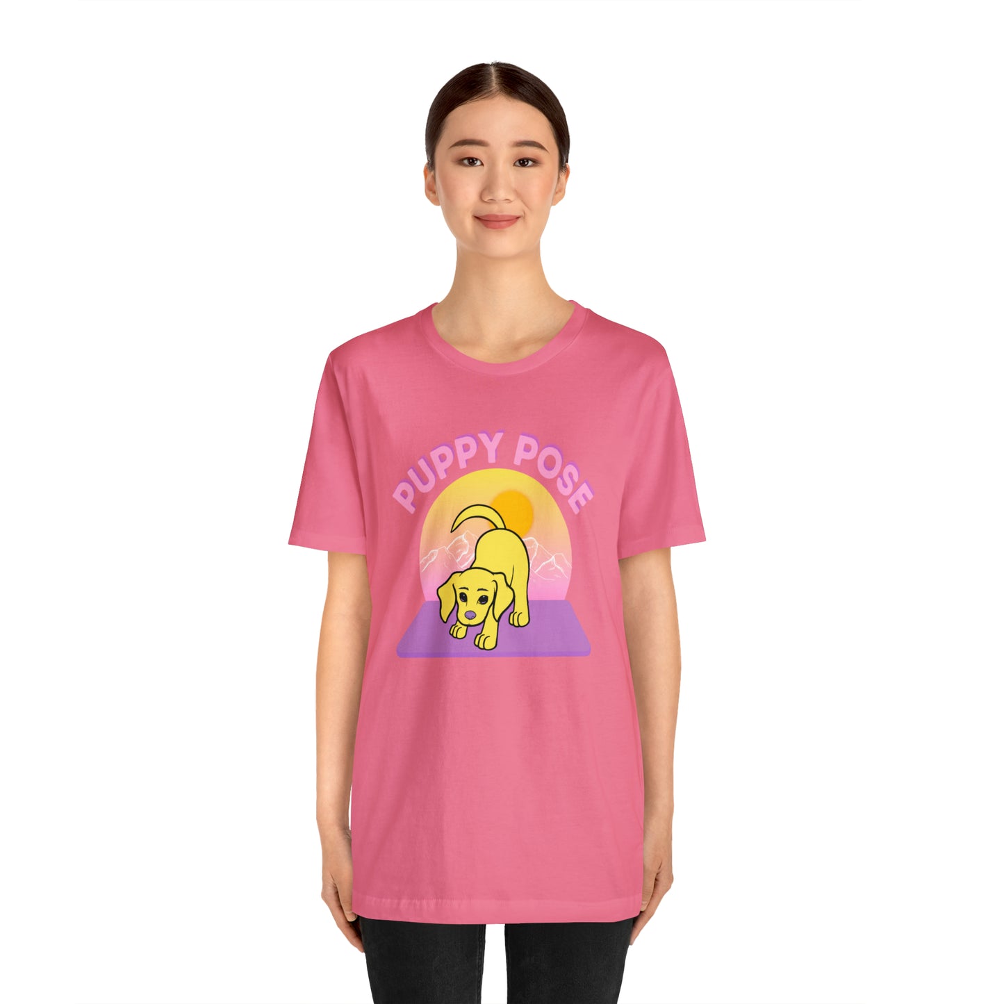 Puppy Pose with Yogi the Rescue Puppy Yoga Mascot Mountain Seen Unisex Classic Tee