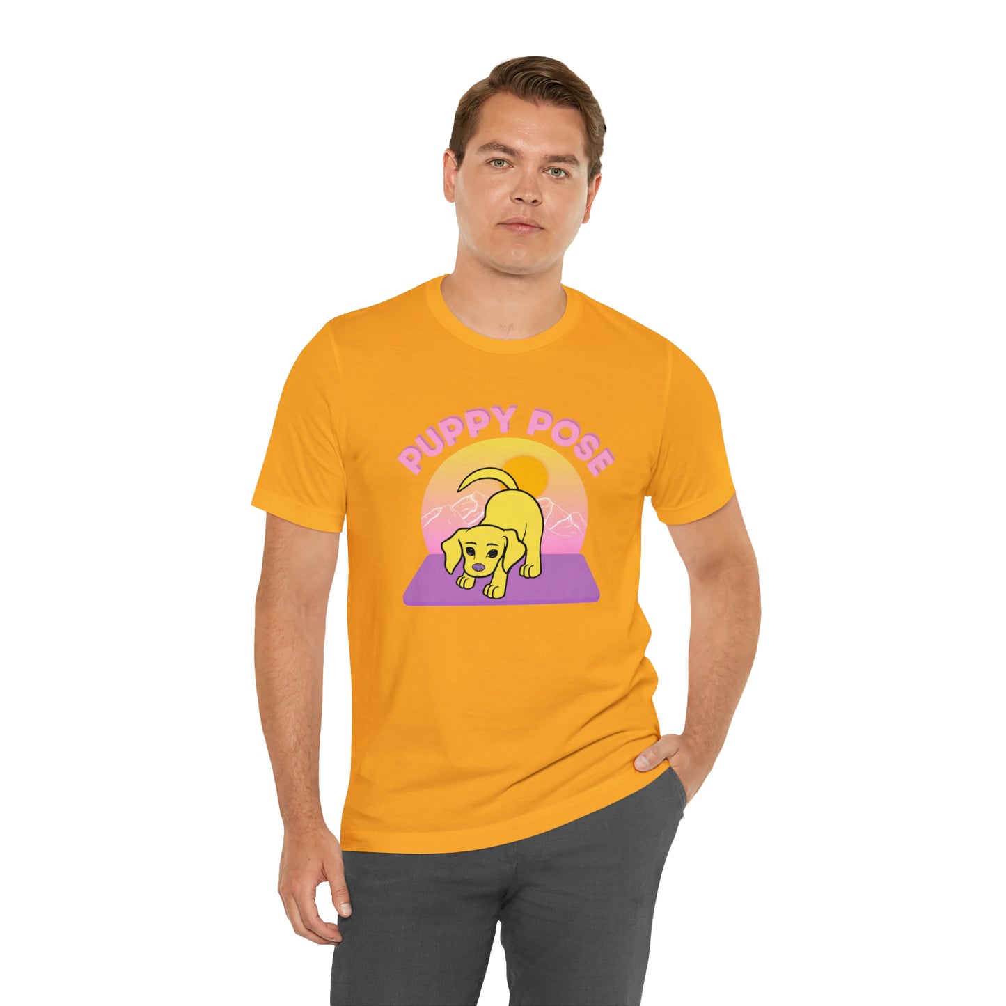 Puppy Pose with Yogi the Rescue Puppy Yoga Mascot Mountain Seen Unisex Classic Tee