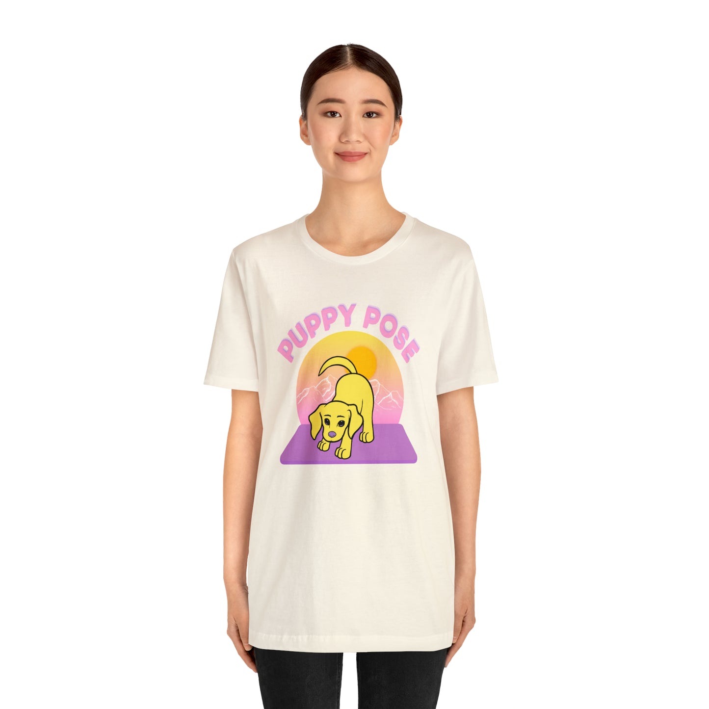 Puppy Pose with Yogi the Rescue Puppy Yoga Mascot Mountain Seen Unisex Classic Tee