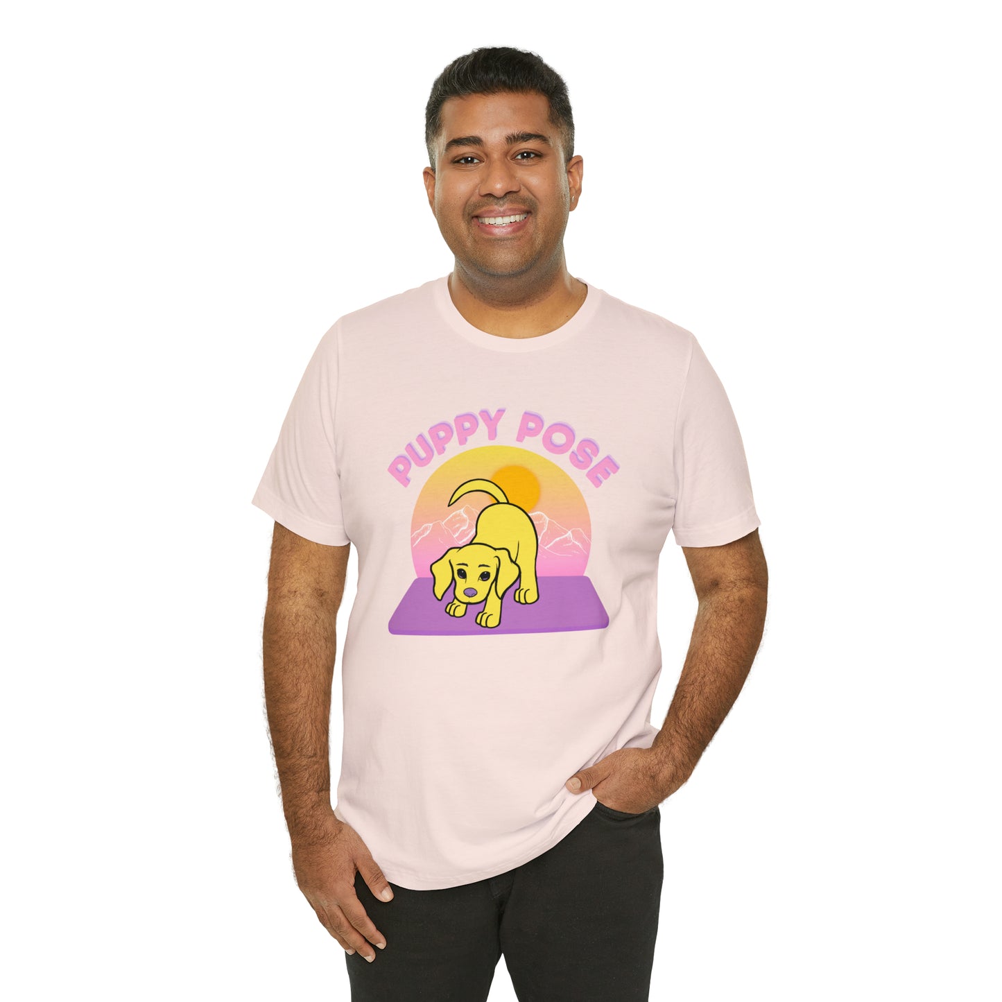 Puppy Pose with Yogi the Rescue Puppy Yoga Mascot Mountain Seen Unisex Classic Tee