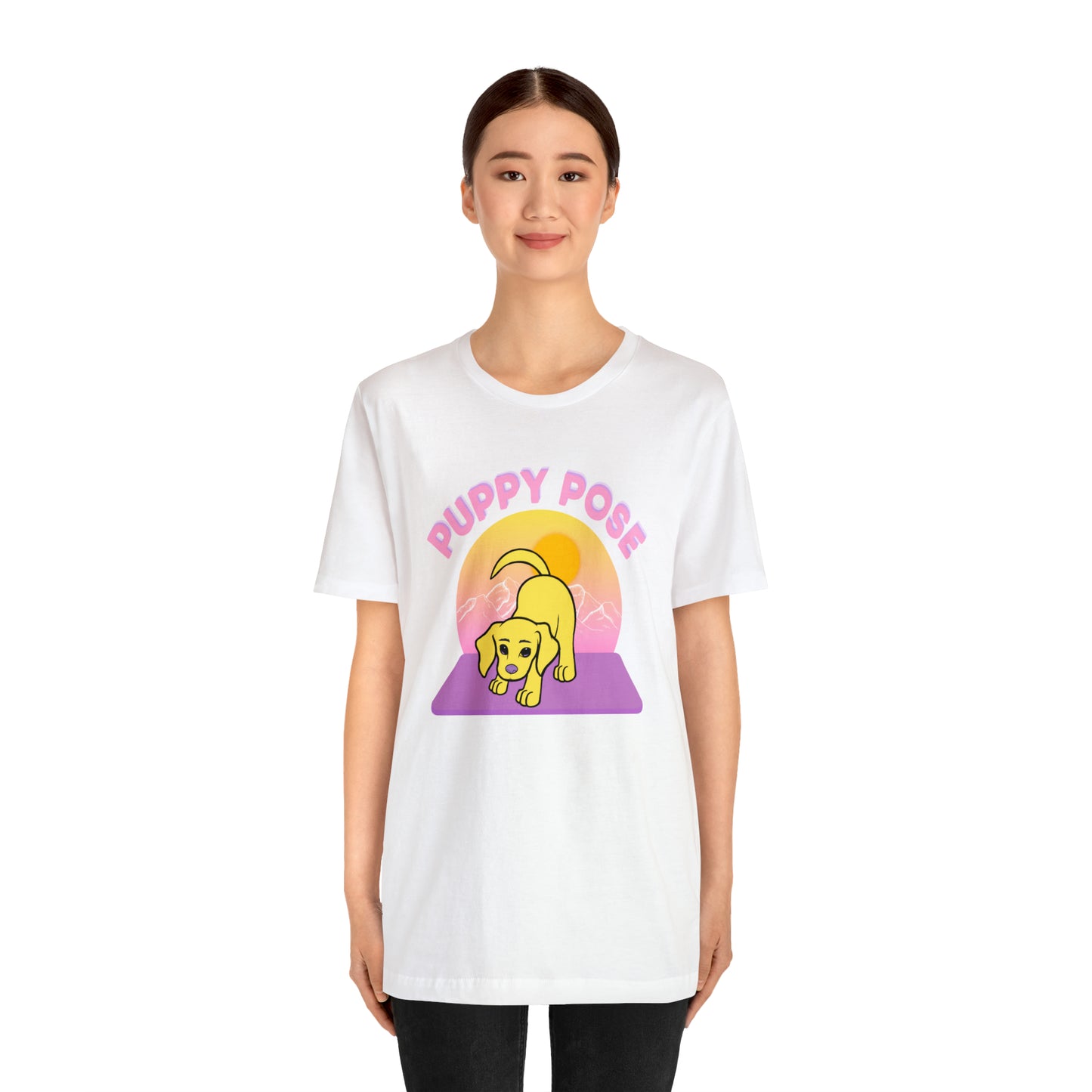 Puppy Pose with Yogi the Rescue Puppy Yoga Mascot Mountain Seen Unisex Classic Tee
