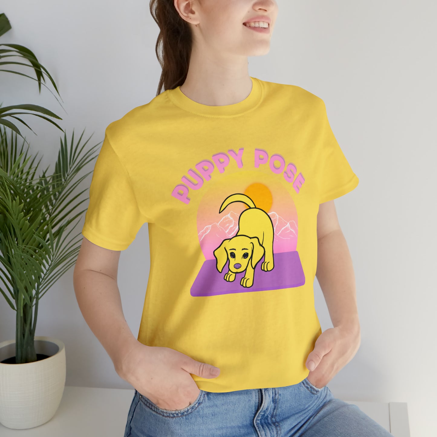 Puppy Pose with Yogi the Rescue Puppy Yoga Mascot Mountain Seen Unisex Classic Tee