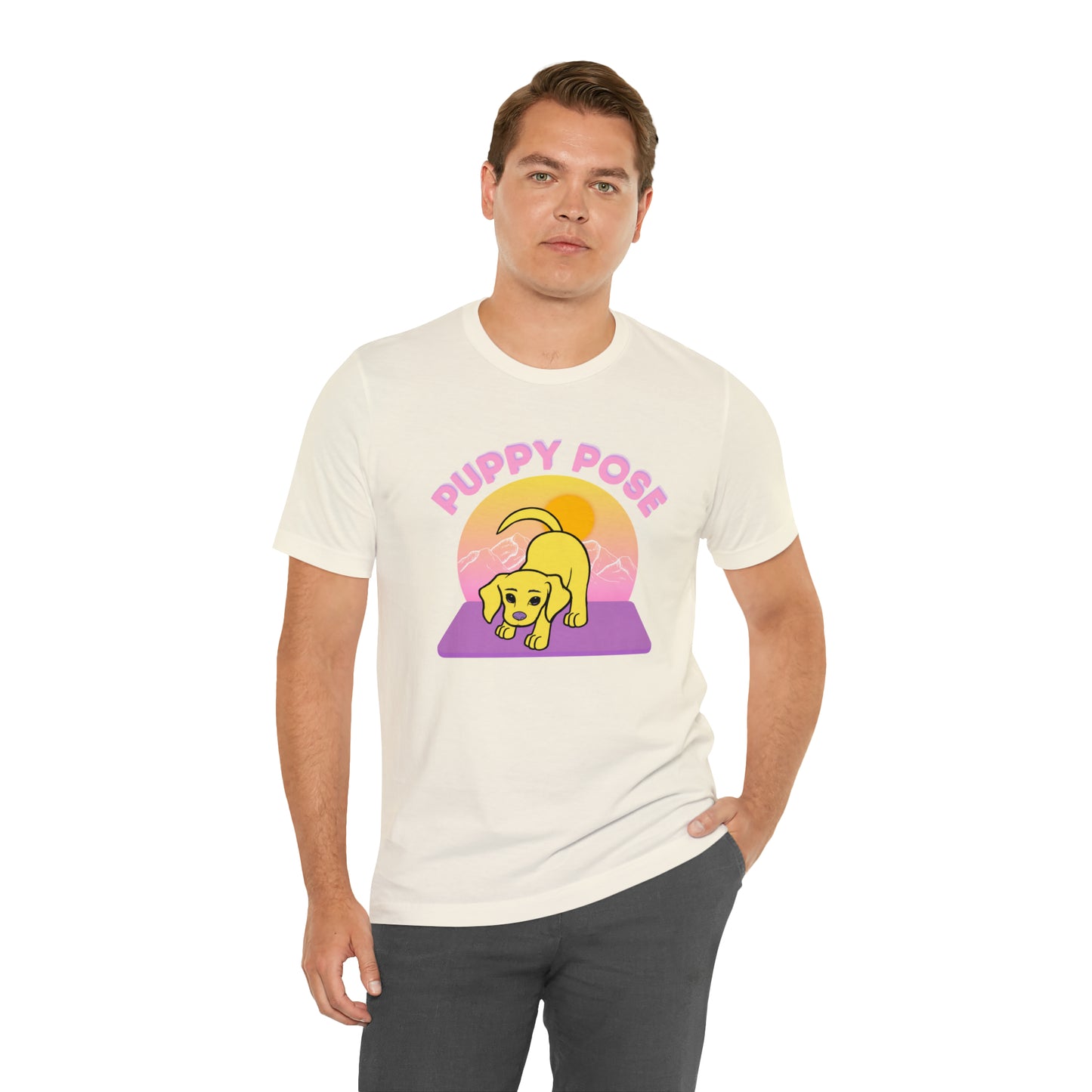 Puppy Pose with Yogi the Rescue Puppy Yoga Mascot Mountain Seen Unisex Classic Tee