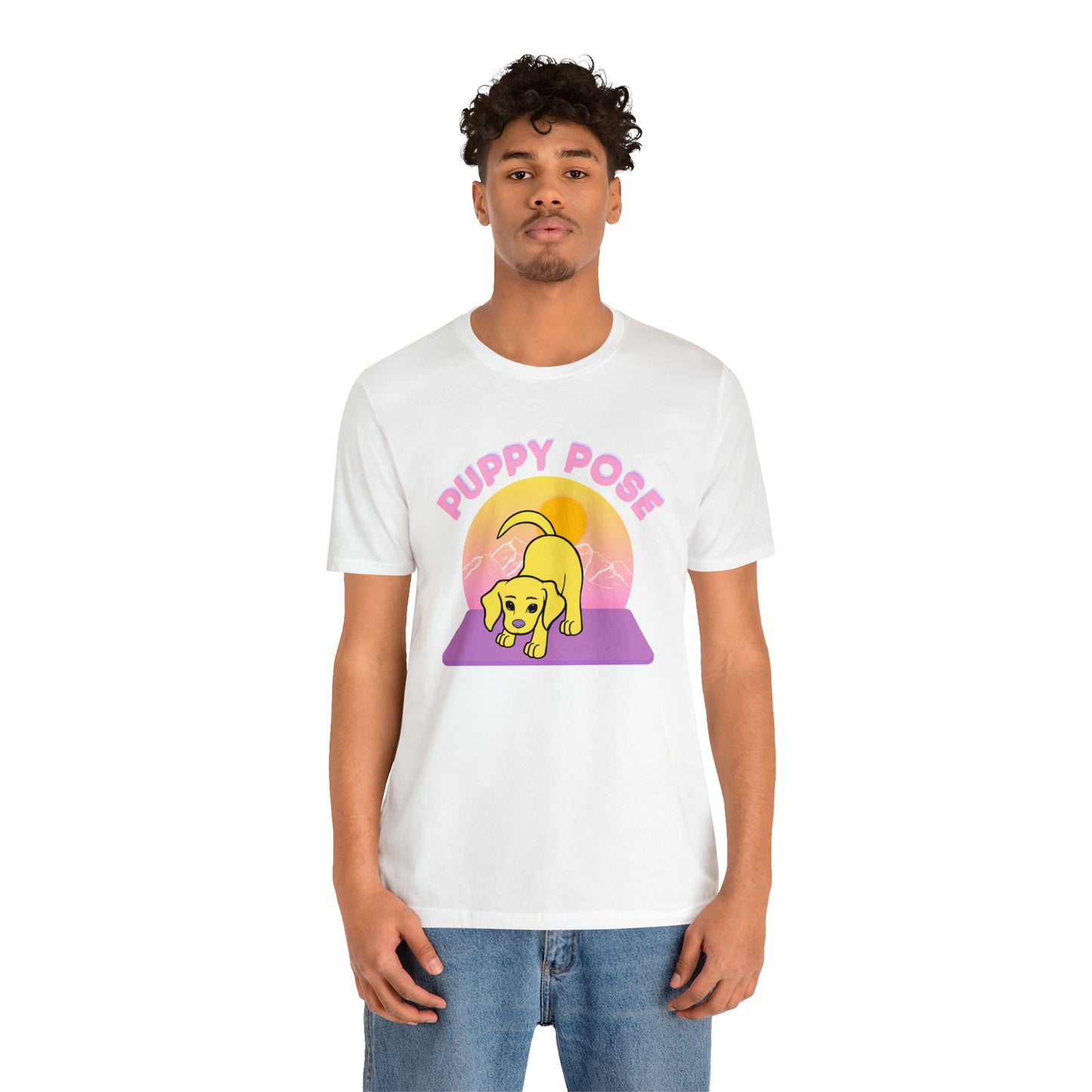 Puppy Pose with Yogi the Rescue Puppy Yoga Mascot Mountain Seen Unisex Classic Tee