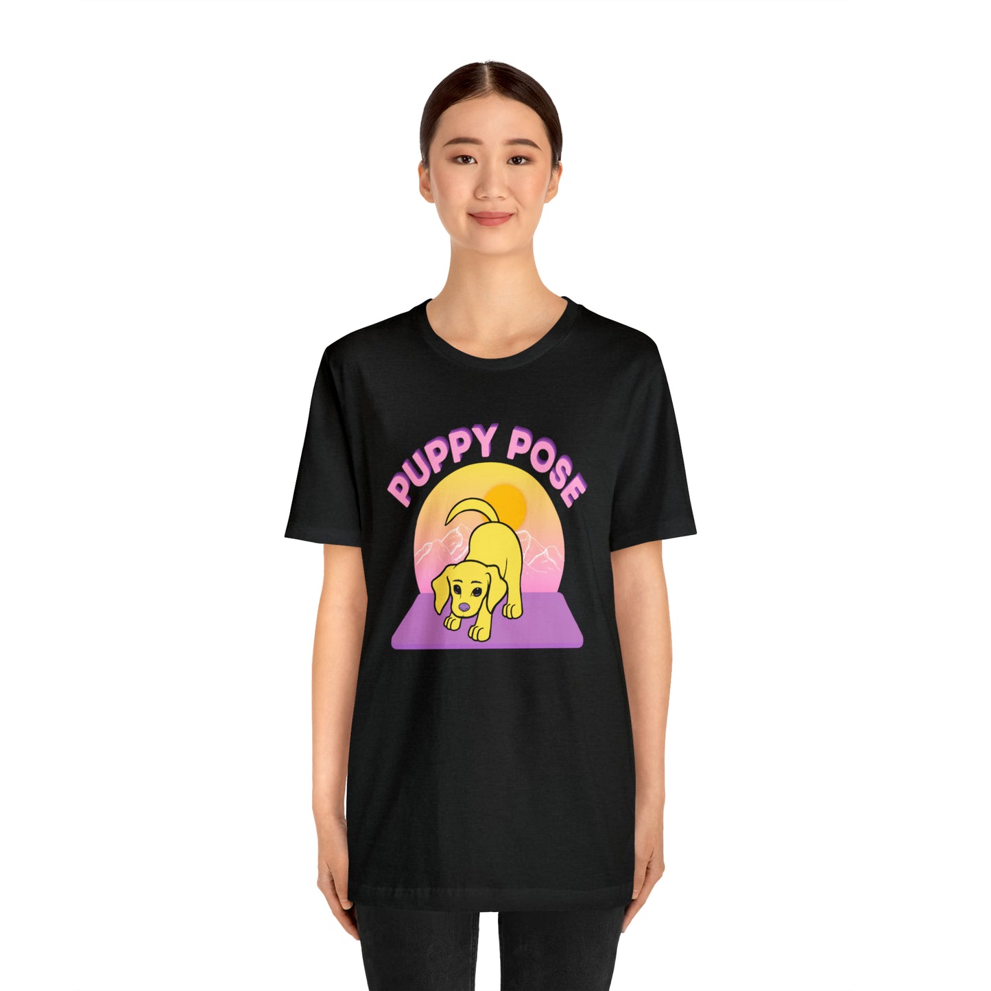 Puppy Pose with Yogi the Rescue Puppy Yoga Mascot Mountain Seen Unisex Classic Tee