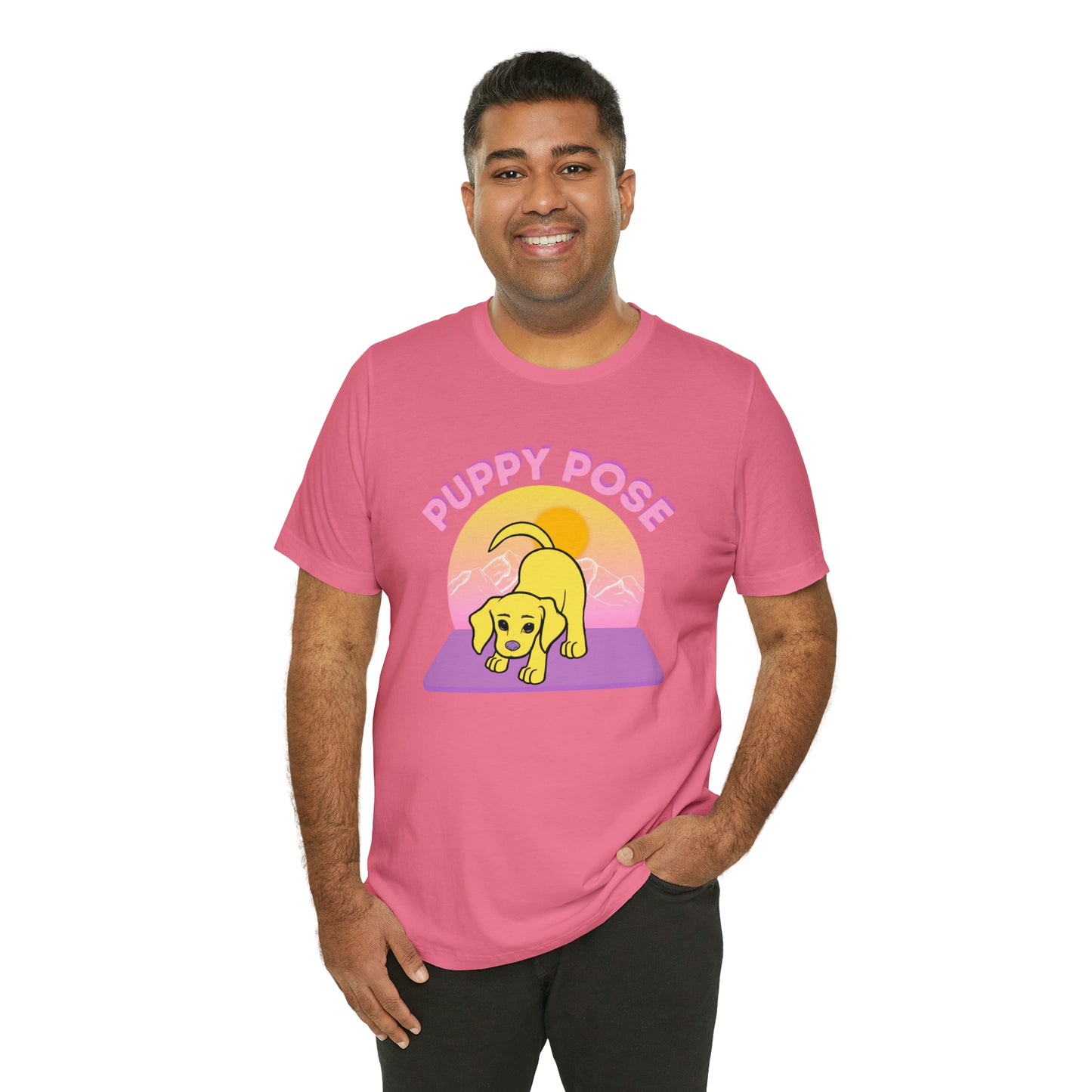 Puppy Pose with Yogi the Rescue Puppy Yoga Mascot Mountain Seen Unisex Classic Tee