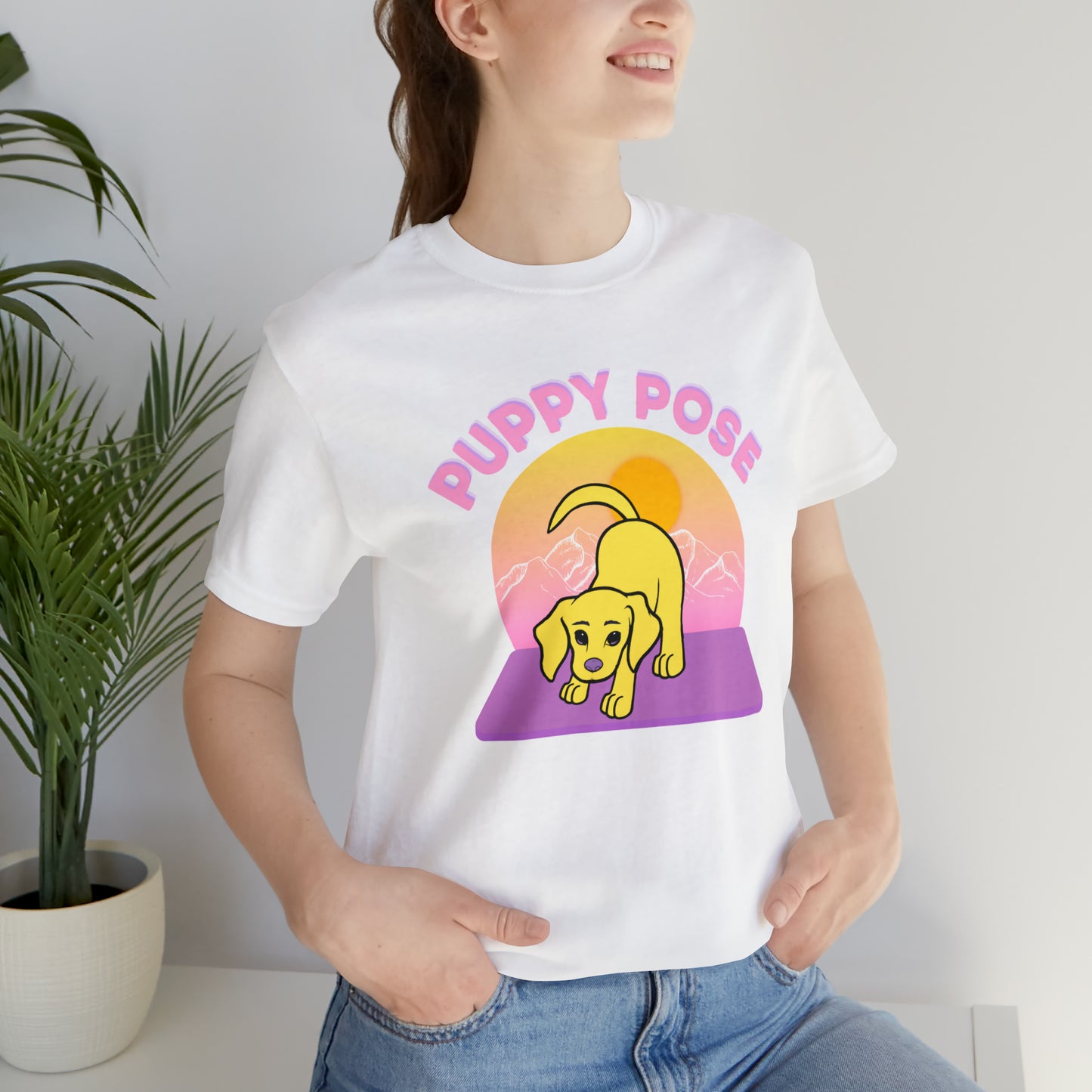 Puppy Pose with Yogi the Rescue Puppy Yoga Mascot Mountain Seen Unisex Classic Tee