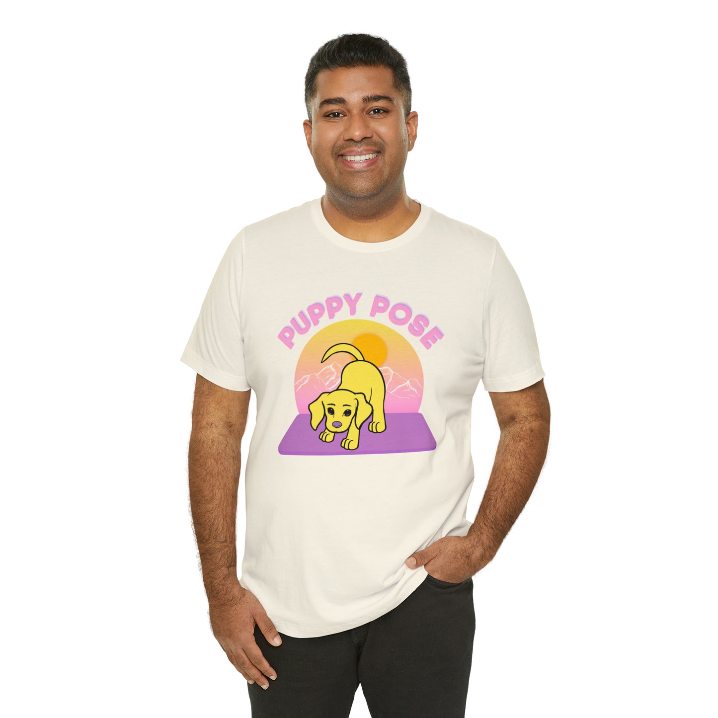 Puppy Pose with Yogi the Rescue Puppy Yoga Mascot Mountain Seen Unisex Classic Tee