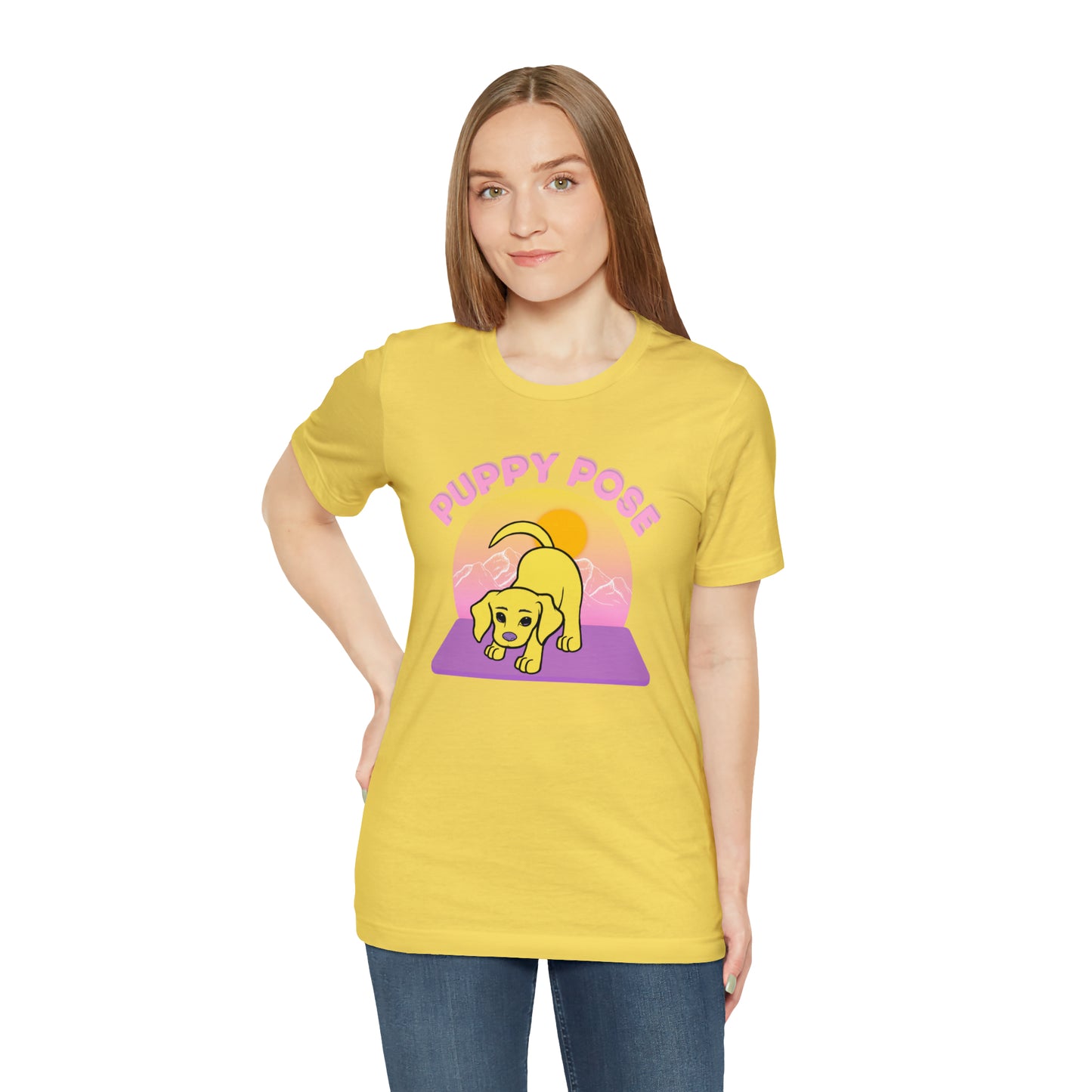 Puppy Pose with Yogi the Rescue Puppy Yoga Mascot Mountain Seen Unisex Classic Tee