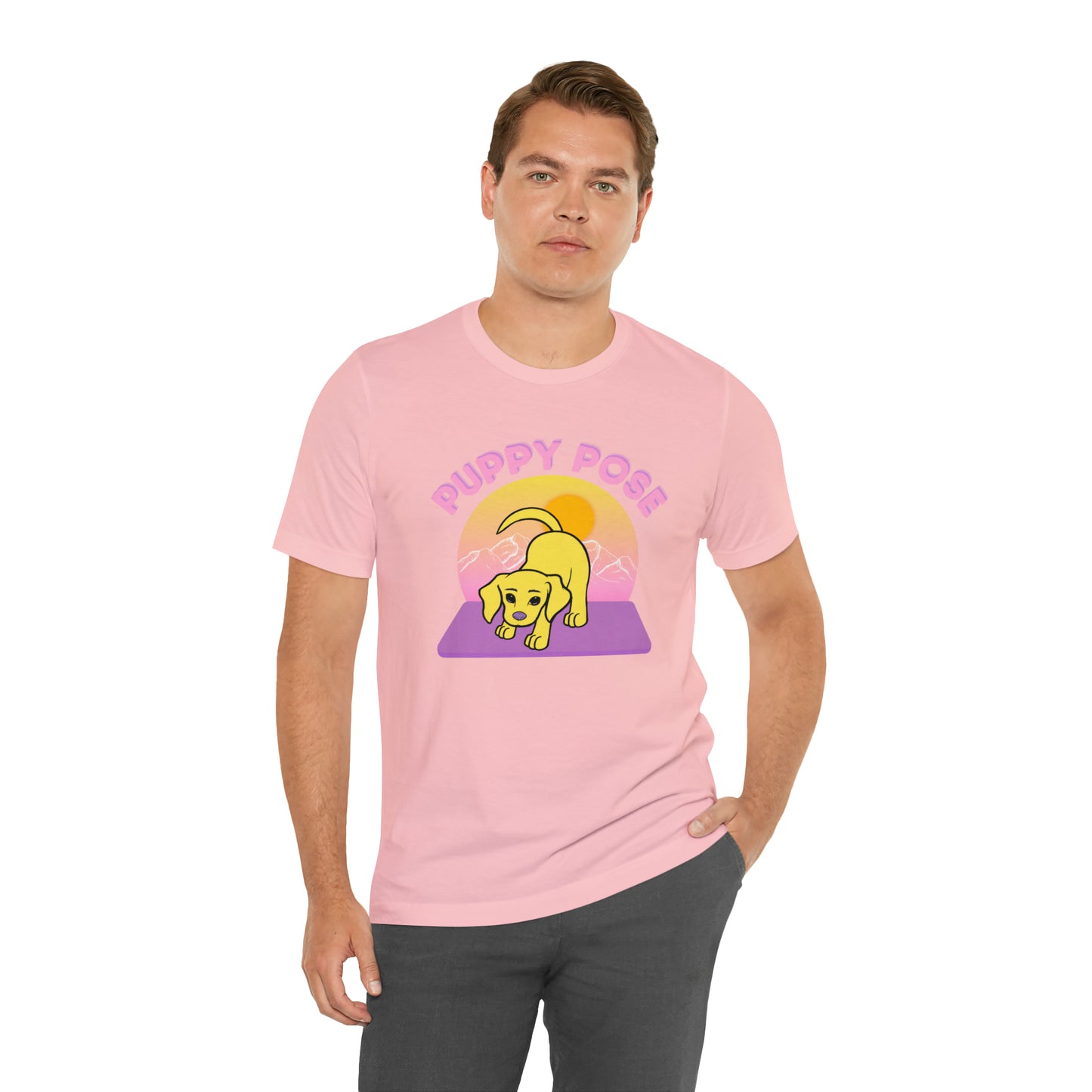 Puppy Pose with Yogi the Rescue Puppy Yoga Mascot Mountain Seen Unisex Classic Tee