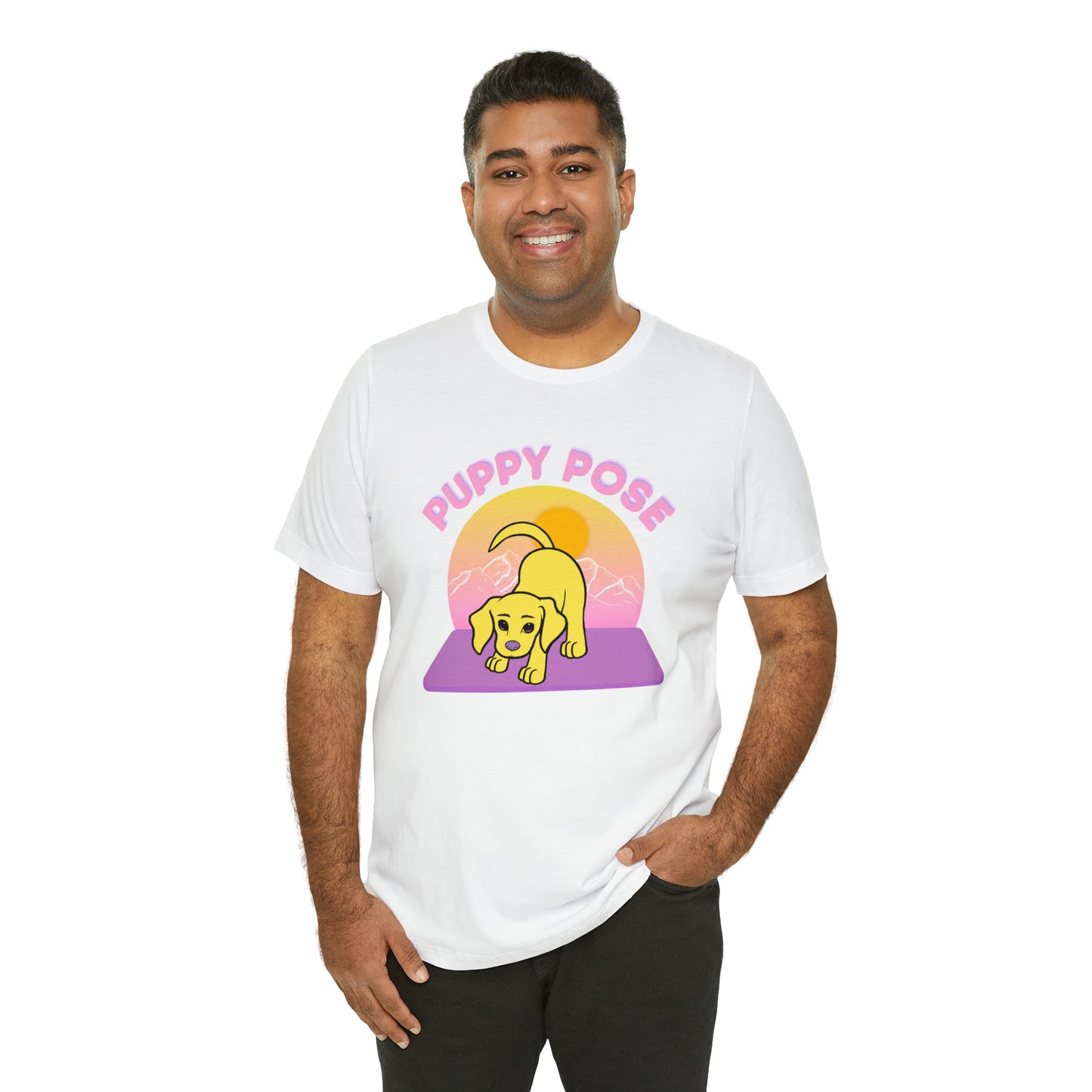 Puppy Pose with Yogi the Rescue Puppy Yoga Mascot Mountain Seen Unisex Classic Tee