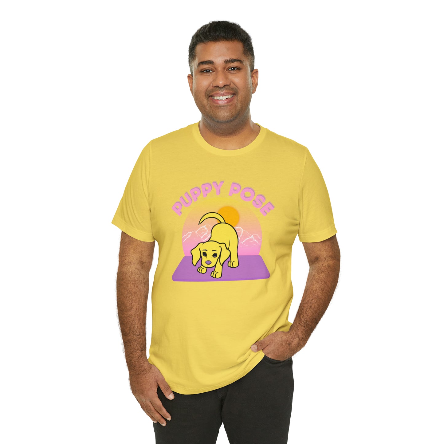 Puppy Pose with Yogi the Rescue Puppy Yoga Mascot Mountain Seen Unisex Classic Tee