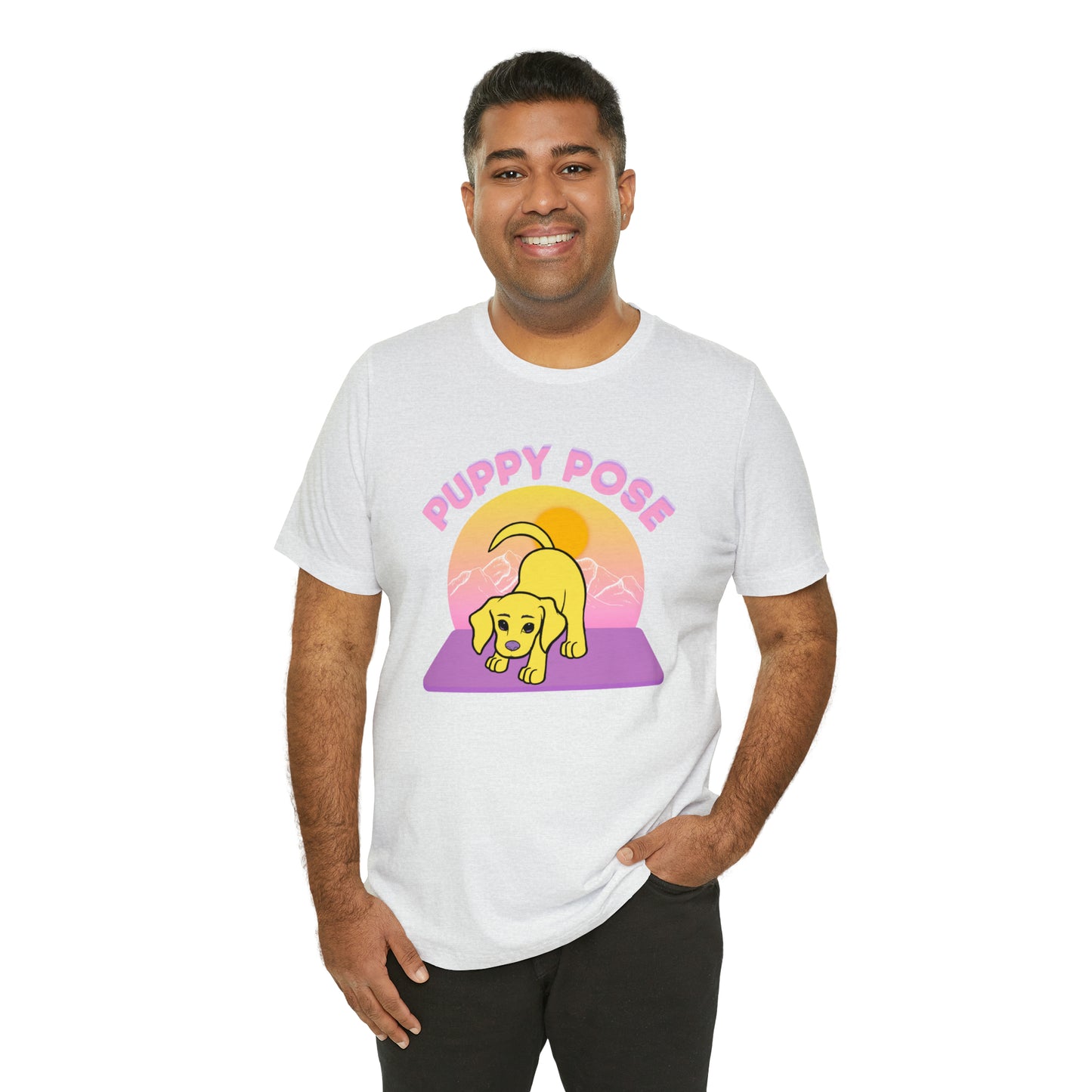 Puppy Pose with Yogi the Rescue Puppy Yoga Mascot Mountain Seen Unisex Classic Tee