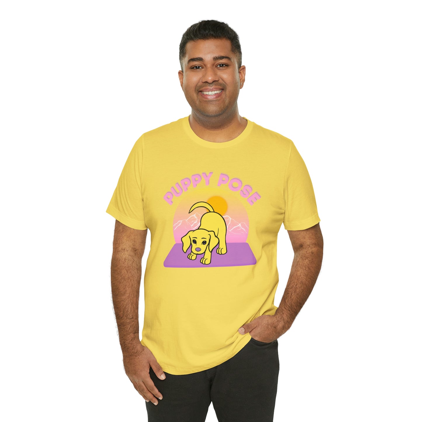 Puppy Pose with Yogi the Rescue Puppy Yoga Mascot Mountain Seen Unisex Classic Tee