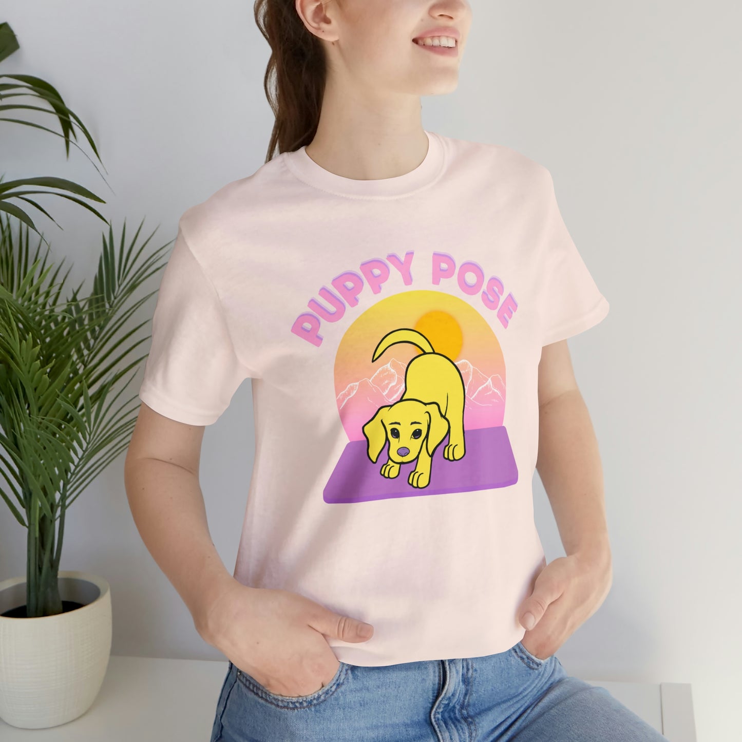 Puppy Pose with Yogi the Rescue Puppy Yoga Mascot Mountain Seen Unisex Classic Tee
