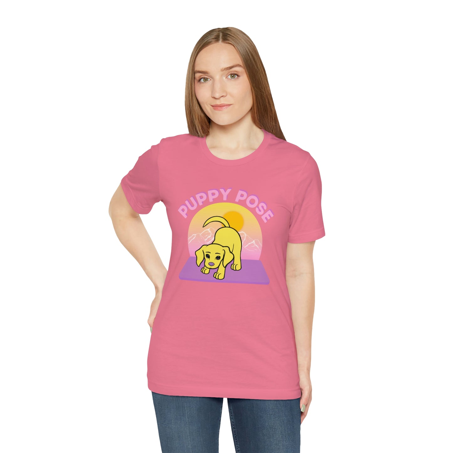 Puppy Pose with Yogi the Rescue Puppy Yoga Mascot Mountain Seen Unisex Classic Tee