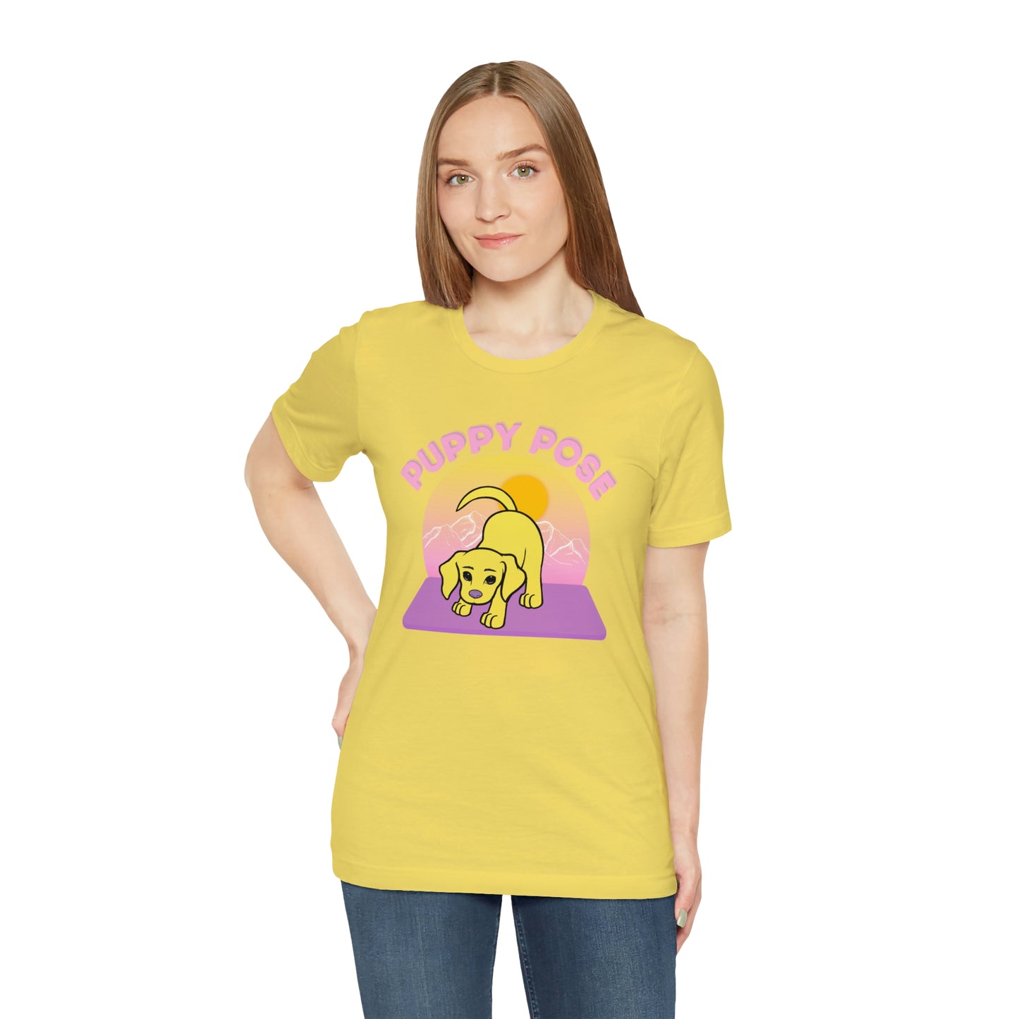 Puppy Pose with Yogi the Rescue Puppy Yoga Mascot Mountain Seen Unisex Classic Tee
