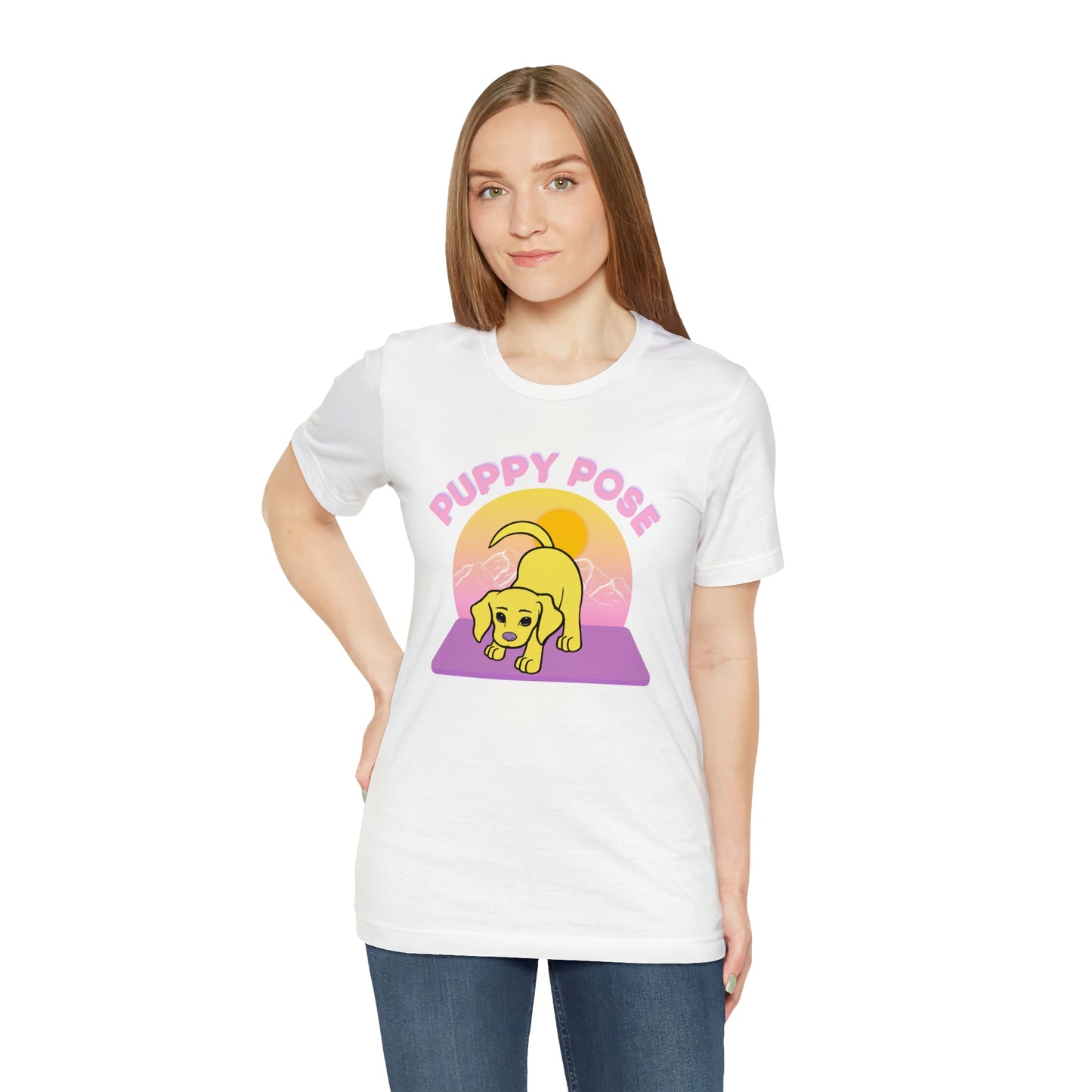 Puppy Pose with Yogi the Rescue Puppy Yoga Mascot Mountain Seen Unisex Classic Tee