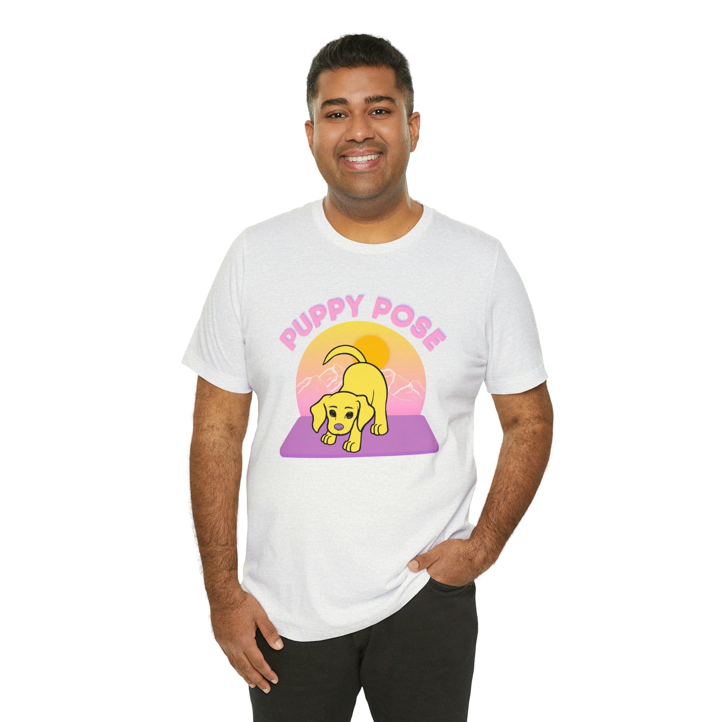 Puppy Pose with Yogi the Rescue Puppy Yoga Mascot Mountain Seen Unisex Classic Tee