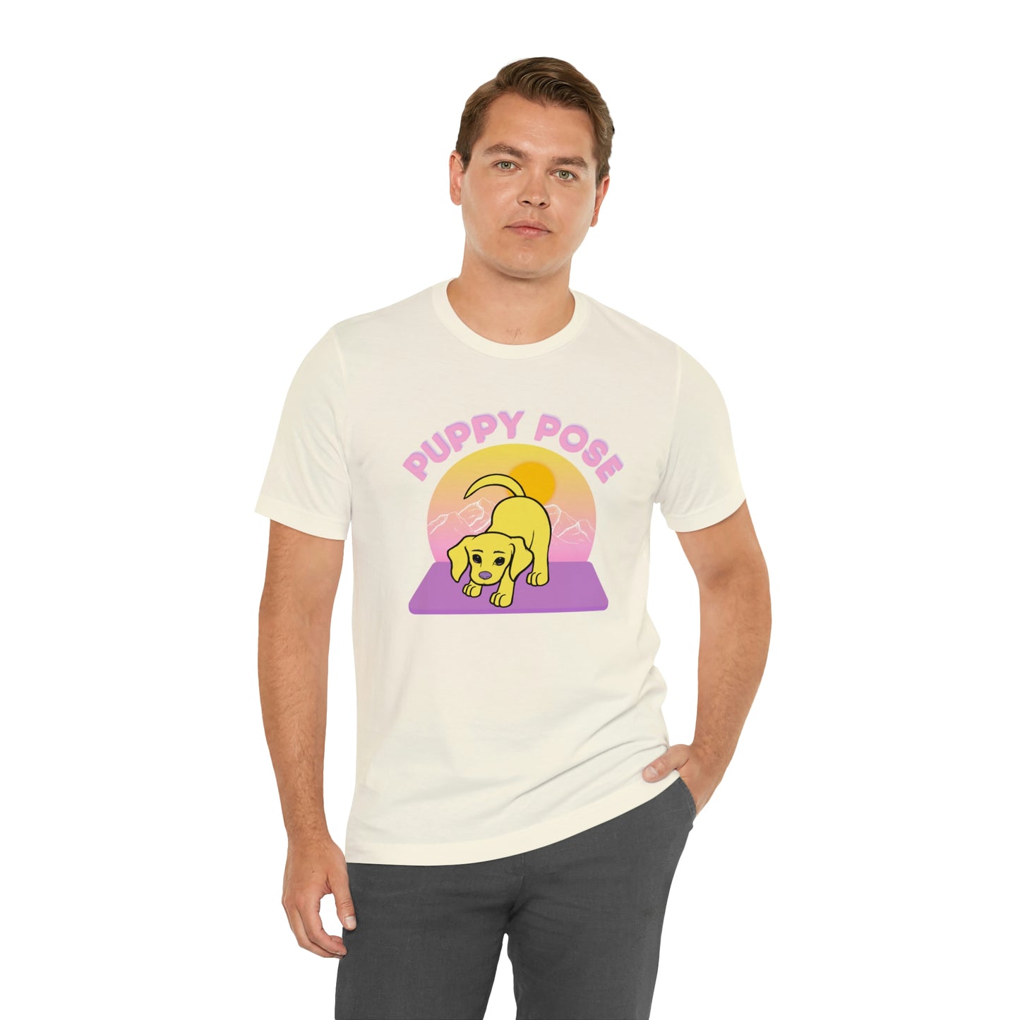 Puppy Pose with Yogi the Rescue Puppy Yoga Mascot Mountain Seen Unisex Classic Tee