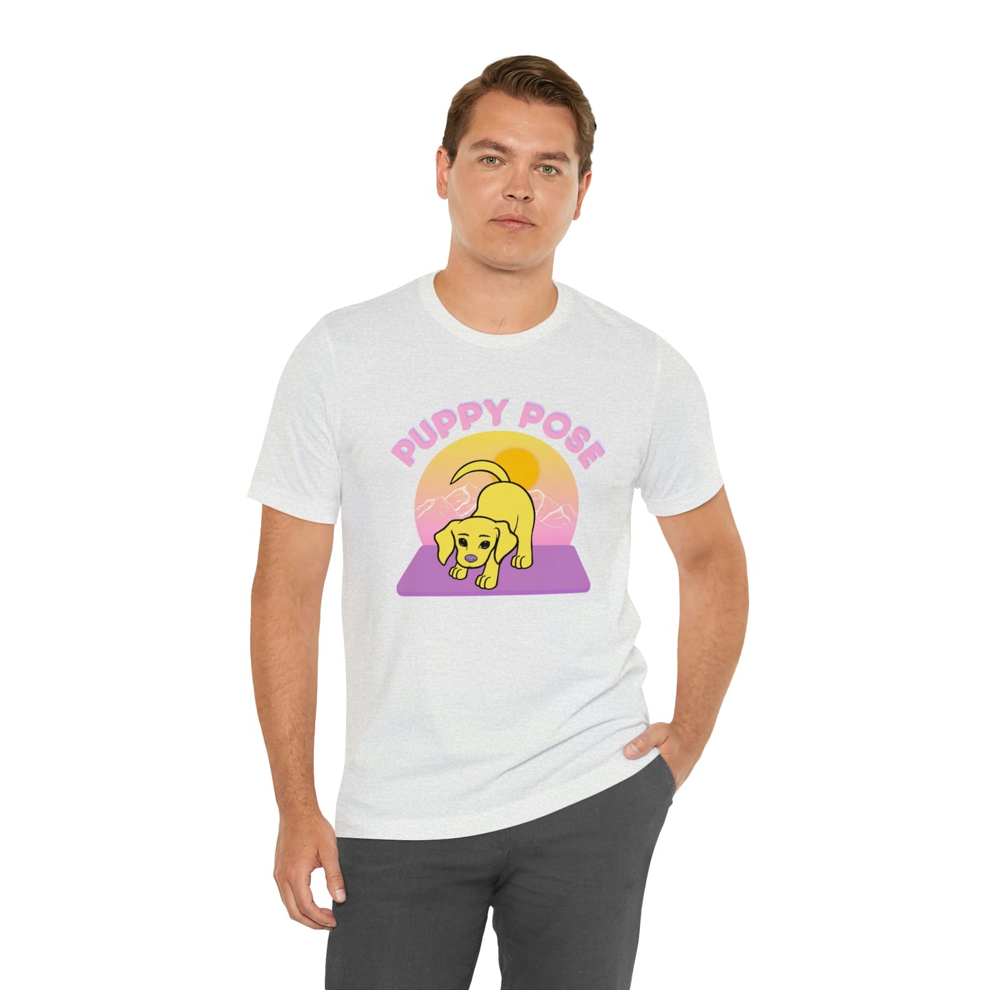 Puppy Pose with Yogi the Rescue Puppy Yoga Mascot Mountain Seen Unisex Classic Tee