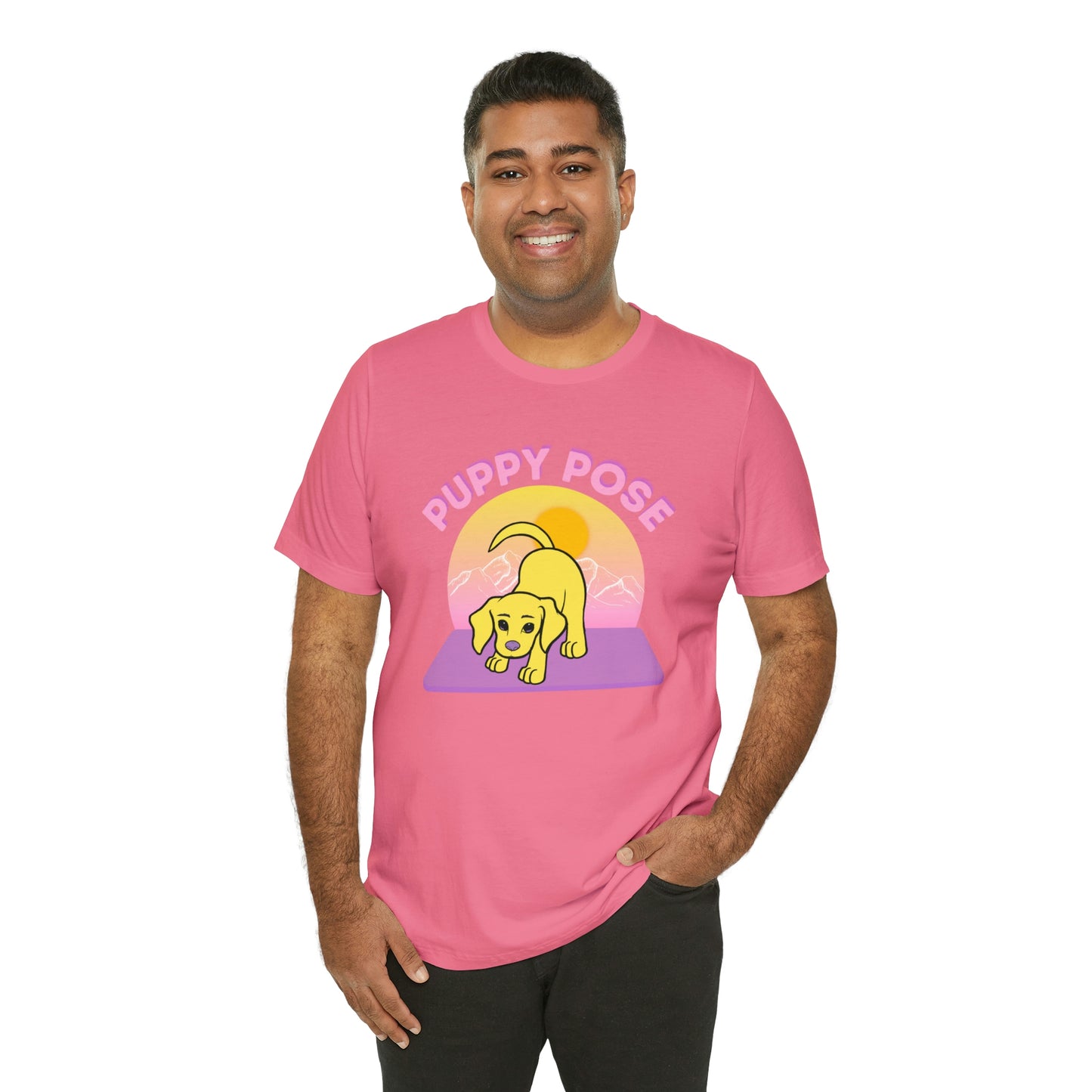 Puppy Pose with Yogi the Rescue Puppy Yoga Mascot Mountain Seen Unisex Classic Tee