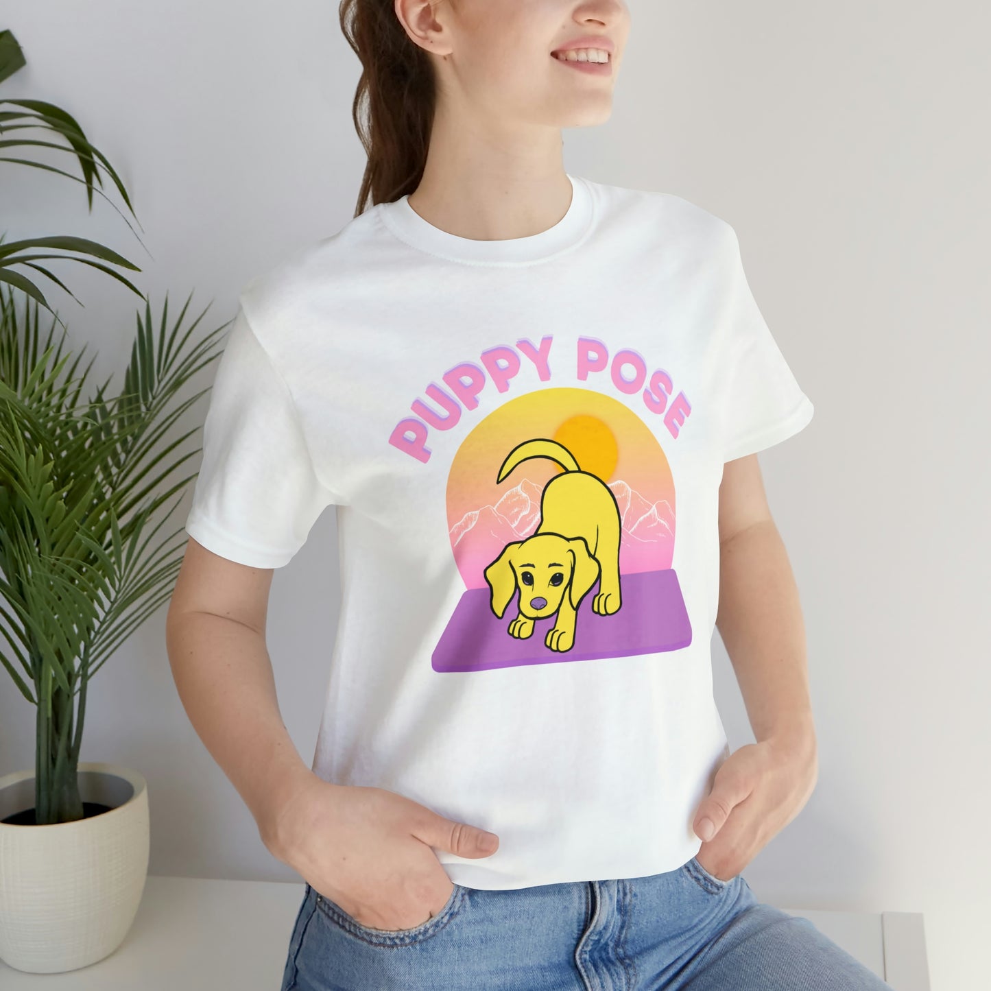 Puppy Pose with Yogi the Rescue Puppy Yoga Mascot Mountain Seen Unisex Classic Tee