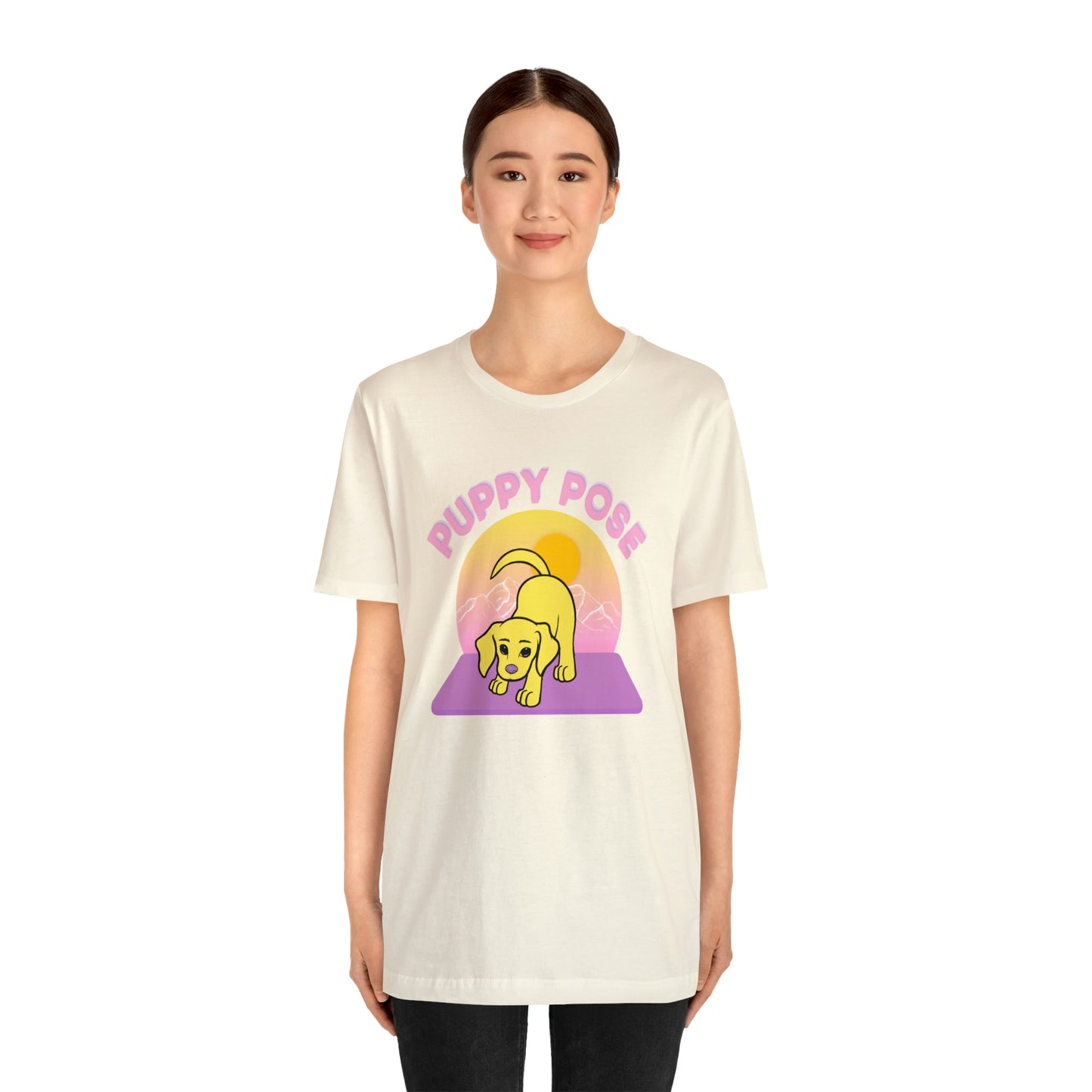 Puppy Pose with Yogi the Rescue Puppy Yoga Mascot Mountain Seen Unisex Classic Tee