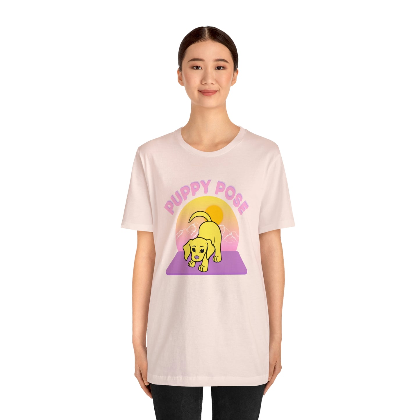 Puppy Pose with Yogi the Rescue Puppy Yoga Mascot Mountain Seen Unisex Classic Tee