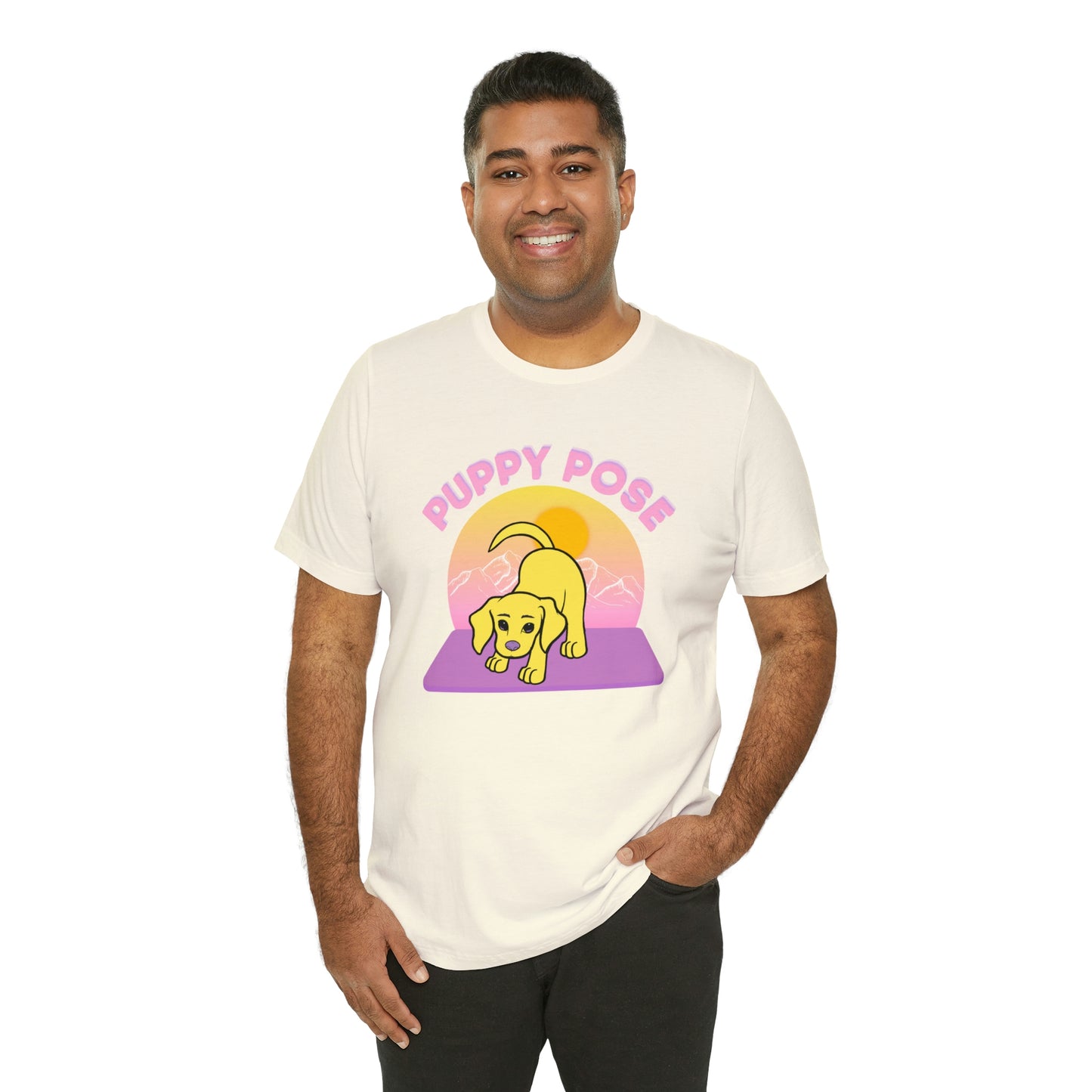 Puppy Pose with Yogi the Rescue Puppy Yoga Mascot Mountain Seen Unisex Classic Tee