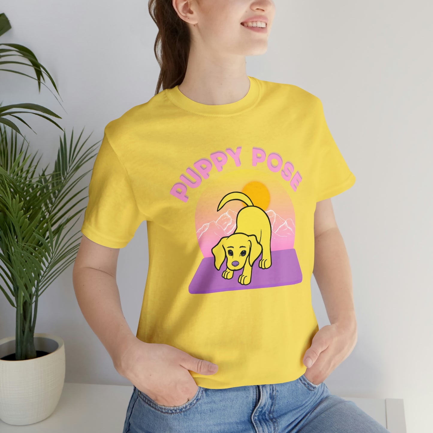 Puppy Pose with Yogi the Rescue Puppy Yoga Mascot Mountain Seen Unisex Classic Tee