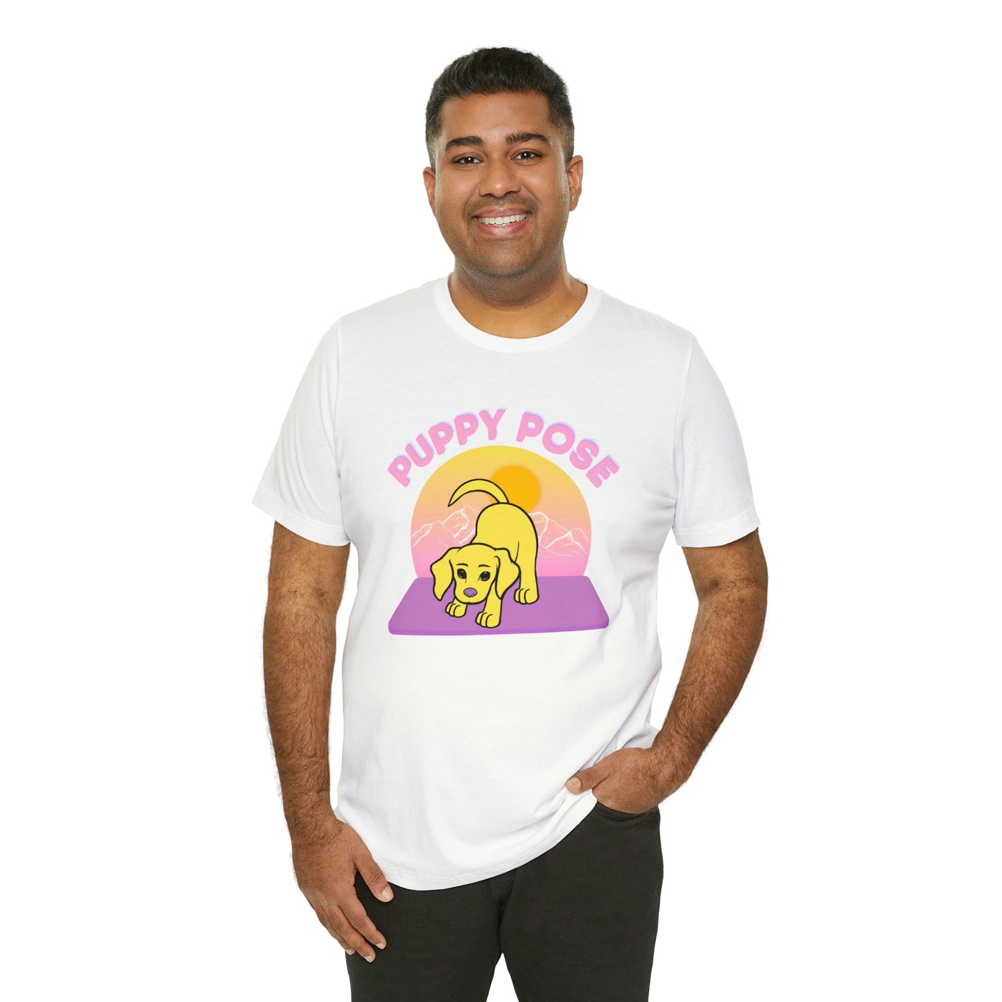 Puppy Pose with Yogi the Rescue Puppy Yoga Mascot Mountain Seen Unisex Classic Tee