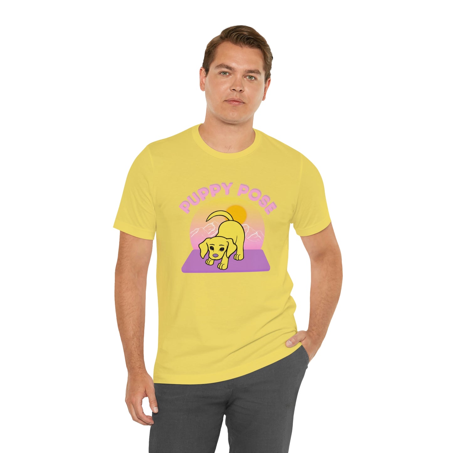 Puppy Pose with Yogi the Rescue Puppy Yoga Mascot Mountain Seen Unisex Classic Tee