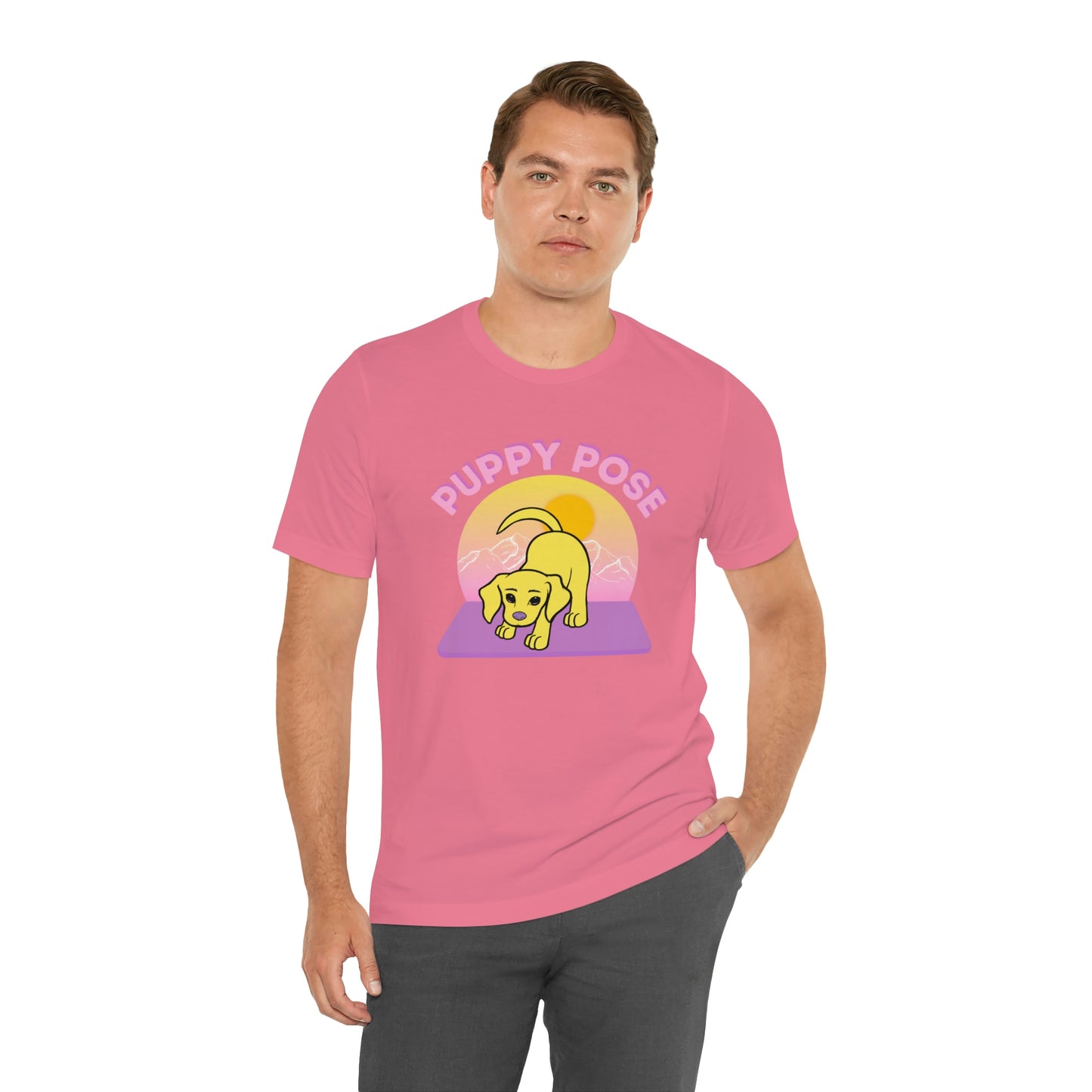 Puppy Pose with Yogi the Rescue Puppy Yoga Mascot Mountain Seen Unisex Classic Tee
