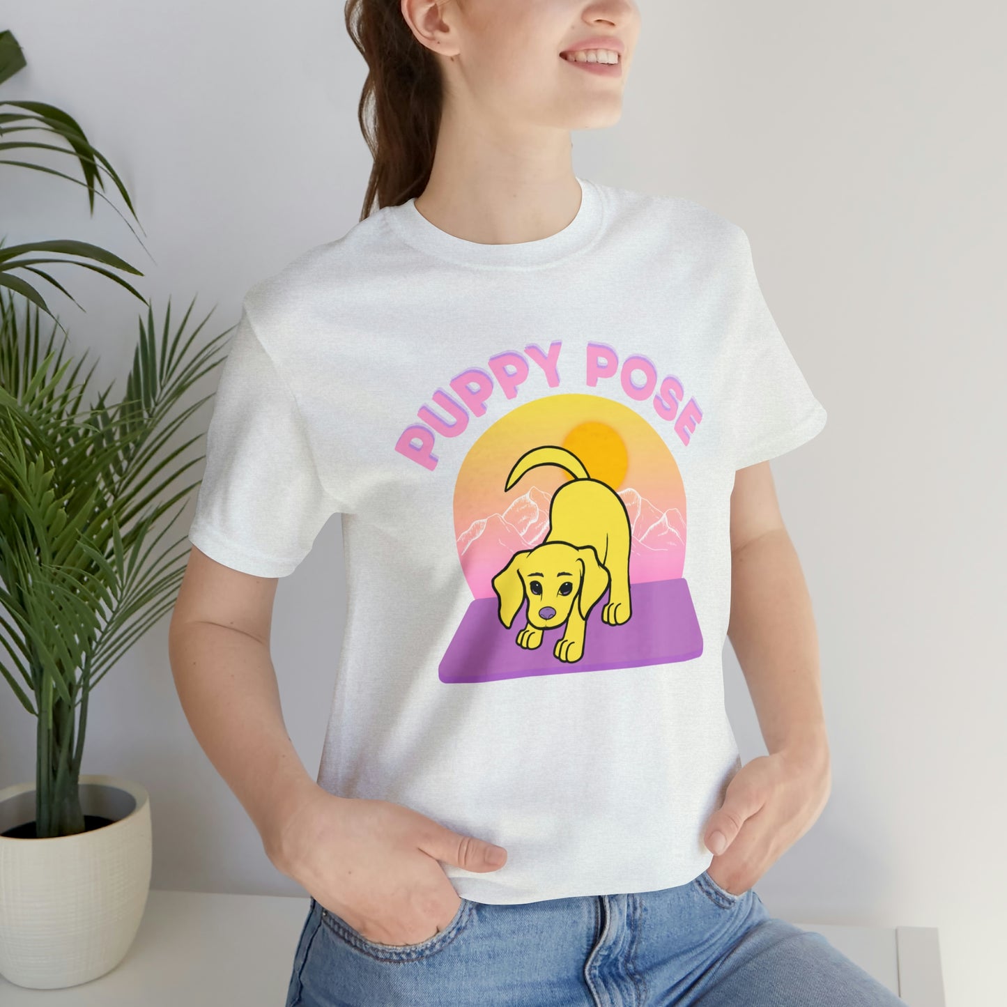 Puppy Pose with Yogi the Rescue Puppy Yoga Mascot Mountain Seen Unisex Classic Tee