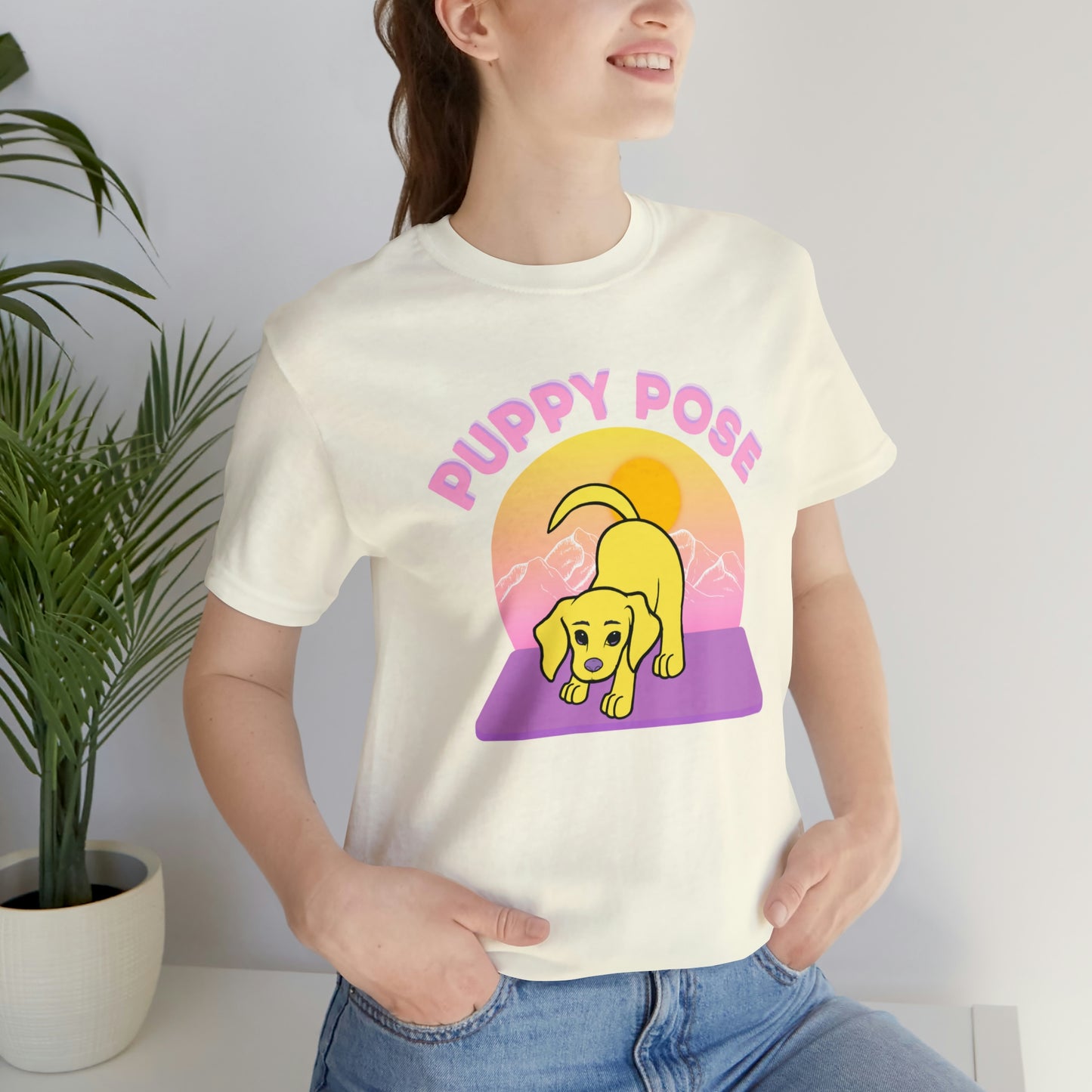 Puppy Pose with Yogi the Rescue Puppy Yoga Mascot Mountain Seen Unisex Classic Tee